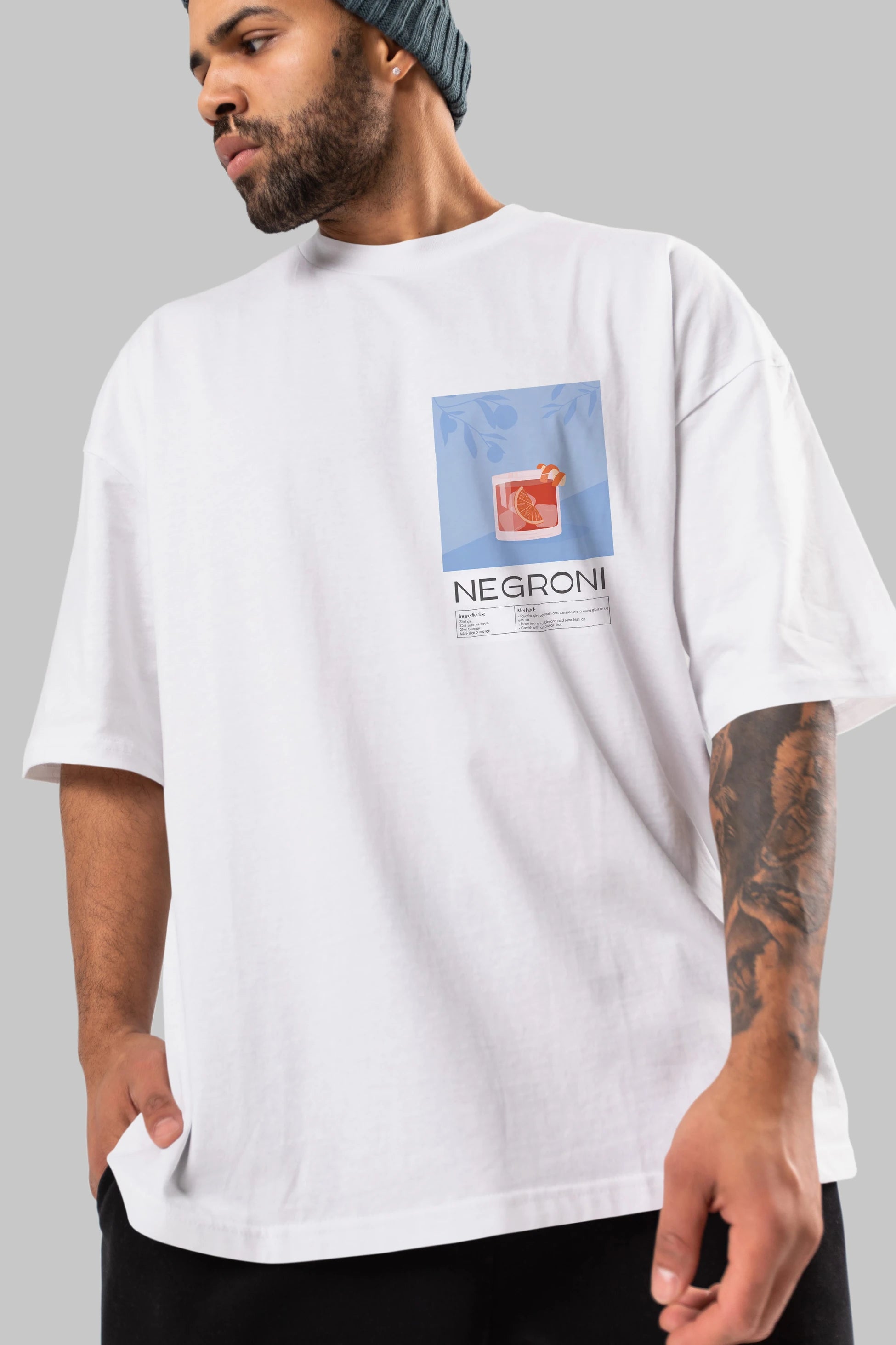 Negroni Ön Sol Baskılı Oversize t-shirt Erkek Kadın Unisex %100 Pamuk Bisiklet Yaka tişort