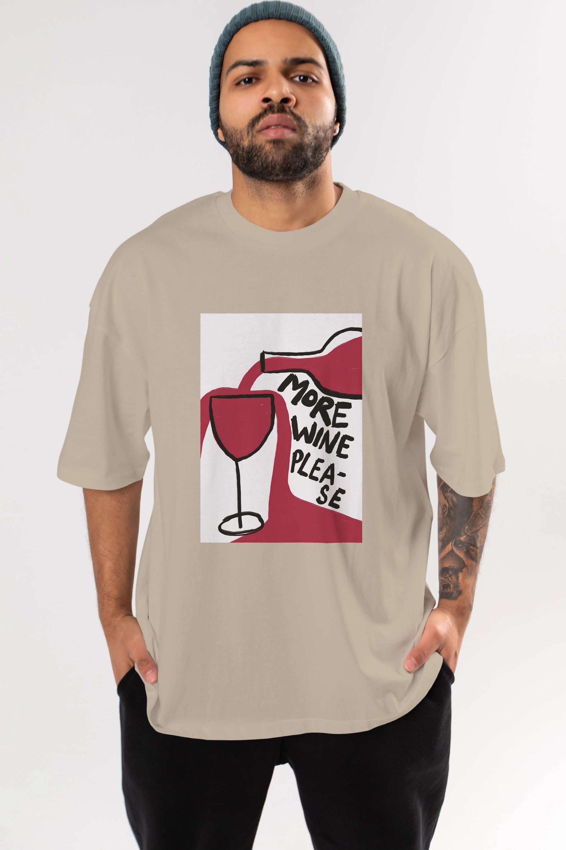 More Wine Please Ön Baskılı Oversize t-shirt Erkek Kadın Unisex %100 Pamuk Bisiklet Yaka tişort