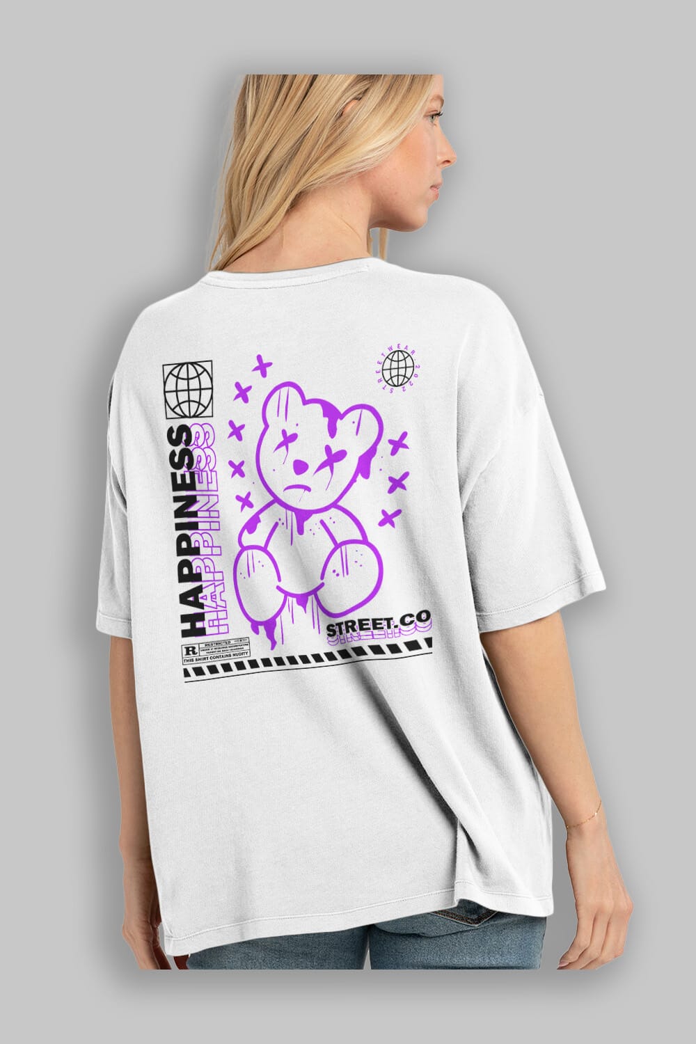 Happiness Bear 3 Arka Baskılı Oversize t-shirt Erkek Kadın Unisex