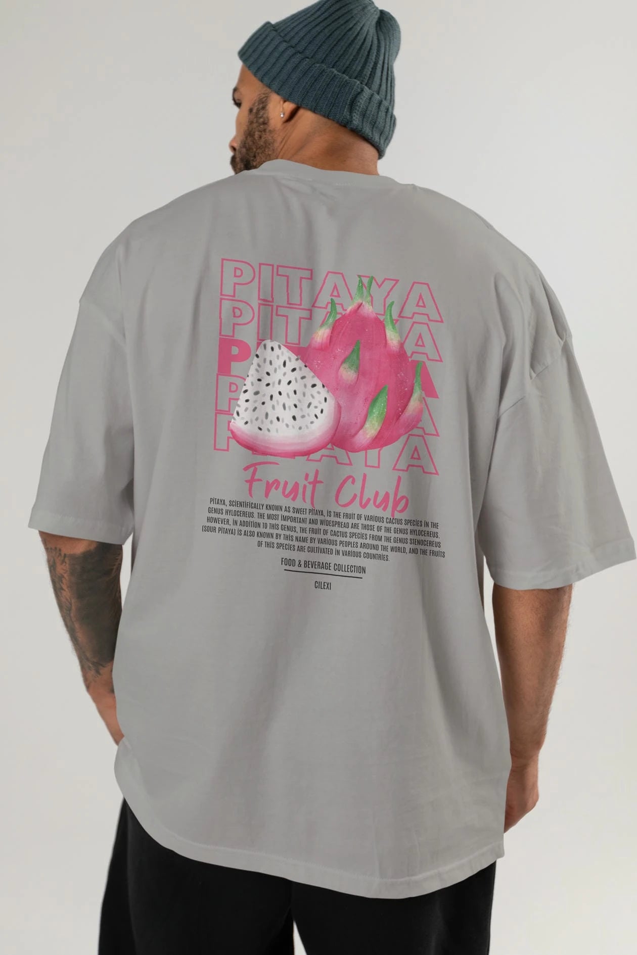 Pitaya Arka Baskılı Oversize t-shirt Erkek Kadın Pamuk Bisiklet Yaka tişort