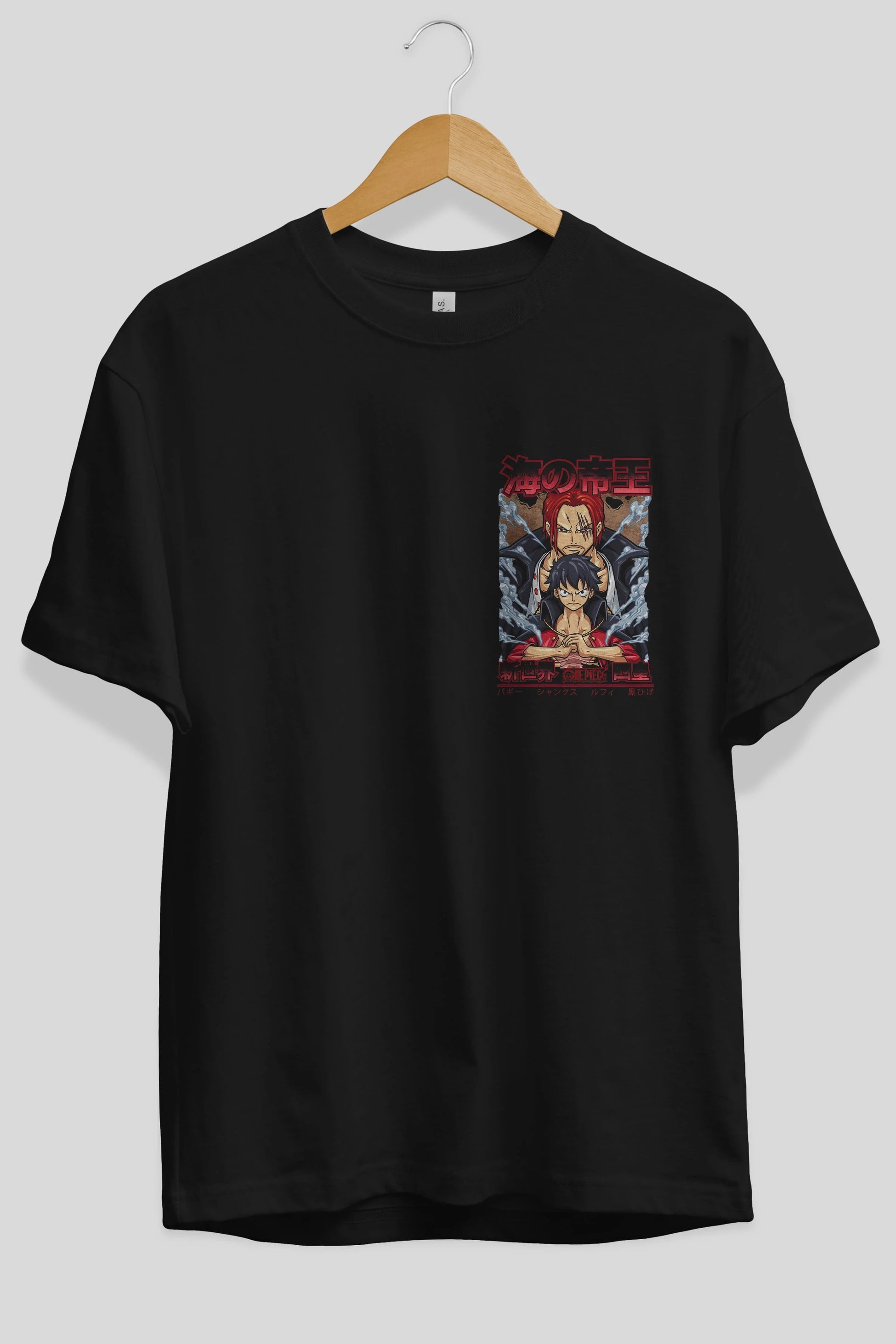 MONKEY D. LUFF and SHANKS Ön Sol Baskılı Oversize t-shirt Erkek Kadın Unisex %100 Pamuk Bisiklet Yaka tişort