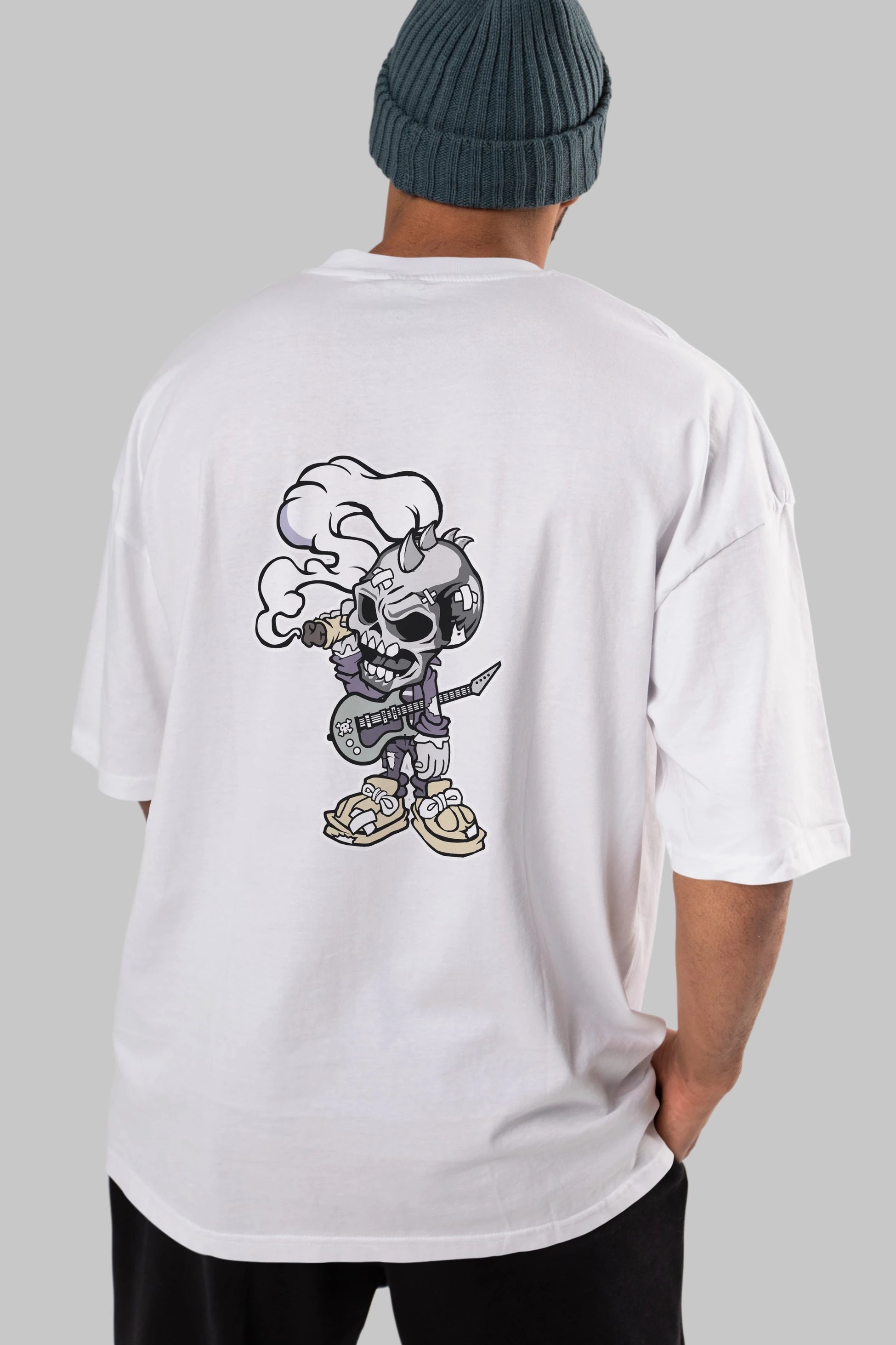 Skull Smoker Punk Rocker Arka Baskılı Oversize t-shirt Erkek Kadın Unisex %100 Pamuk tişort