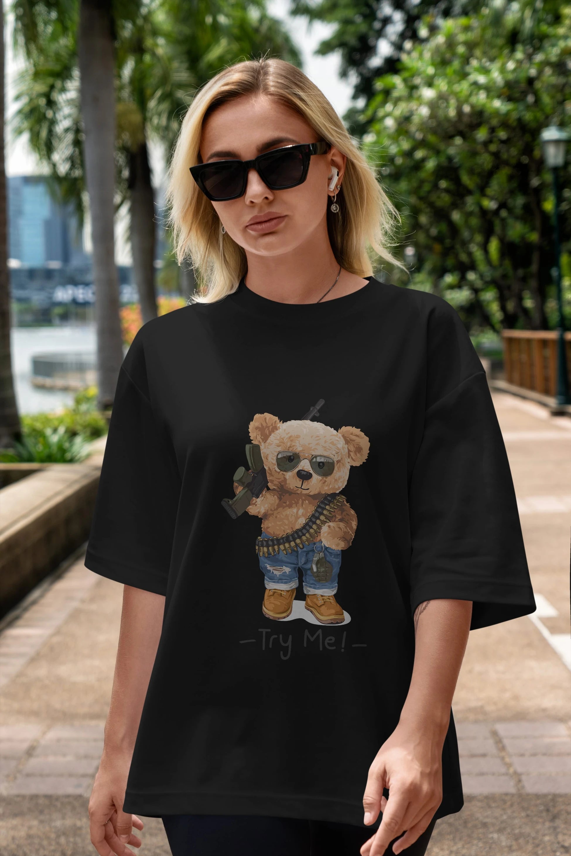 Teddy Bear Try Me Ön Baskılı Oversize t-shirt Erkek Kadın Unisex %100 Pamuk