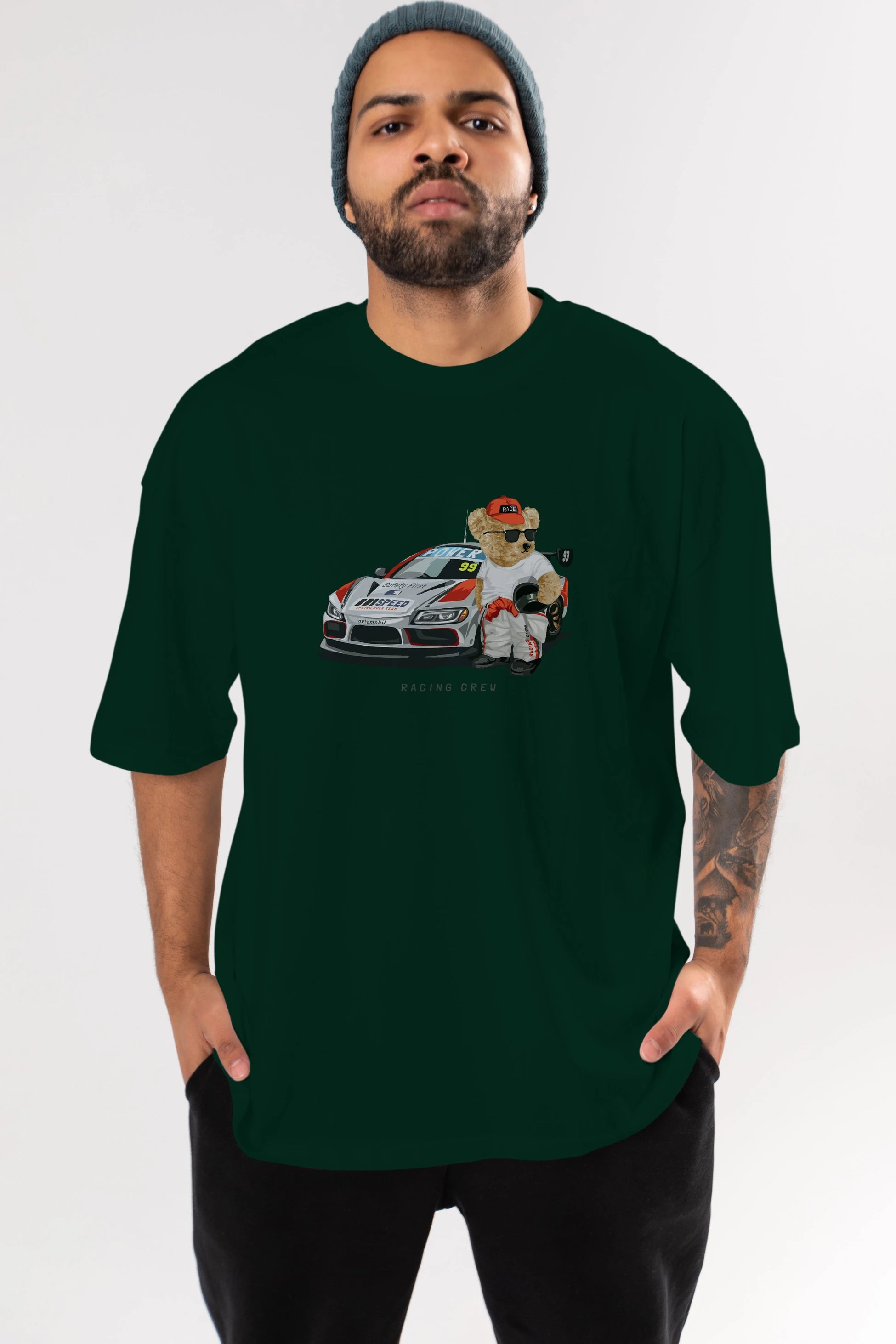 Teddy Bear Racing Crew Ön Baskılı Oversize t-shirt Erkek Kadın Unisex %100 Pamuk