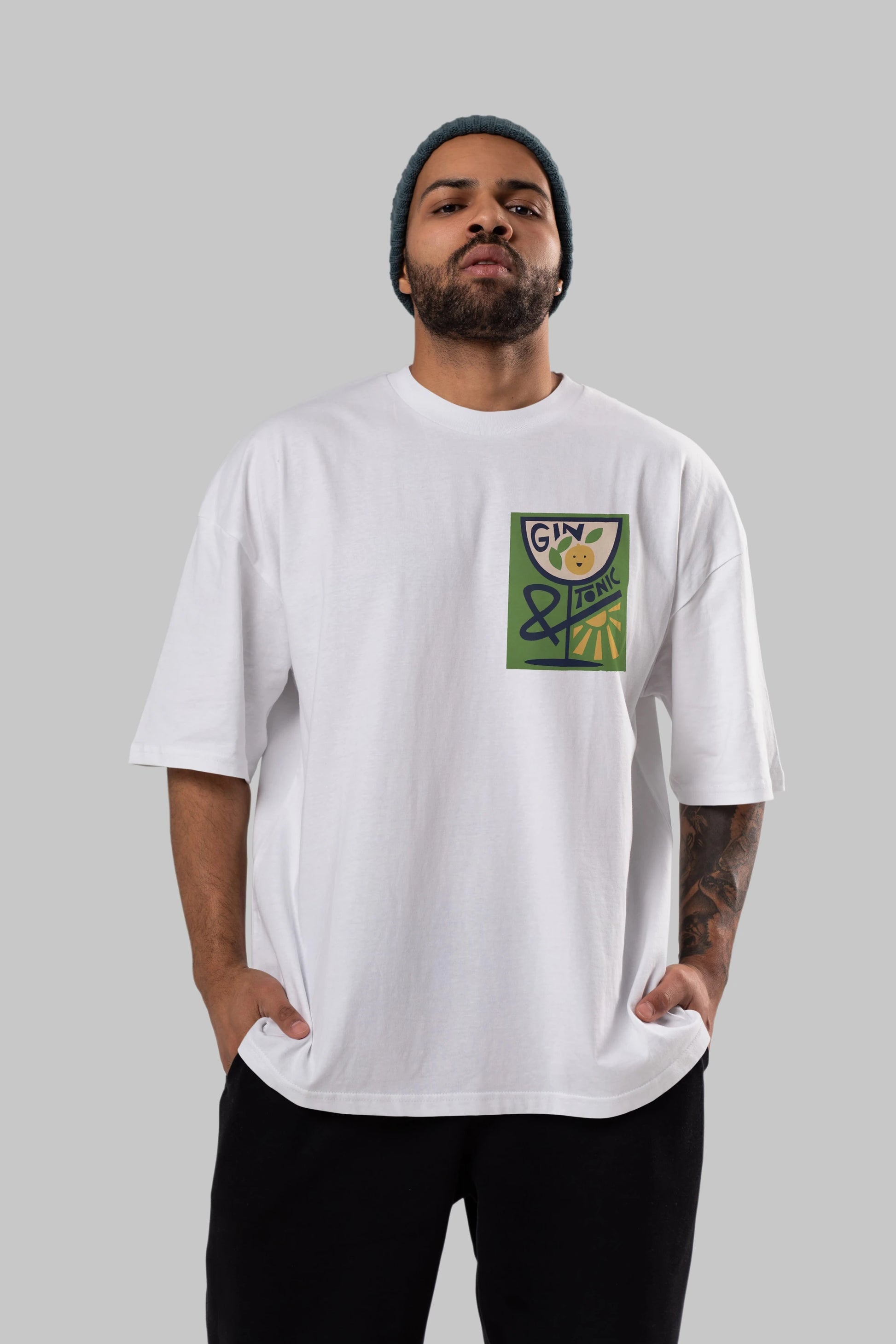 Gin Tonic 3 Ön Sol Baskılı Oversize t-shirt Erkek Kadın Unisex %100 Pamuk Bisiklet Yaka tişort