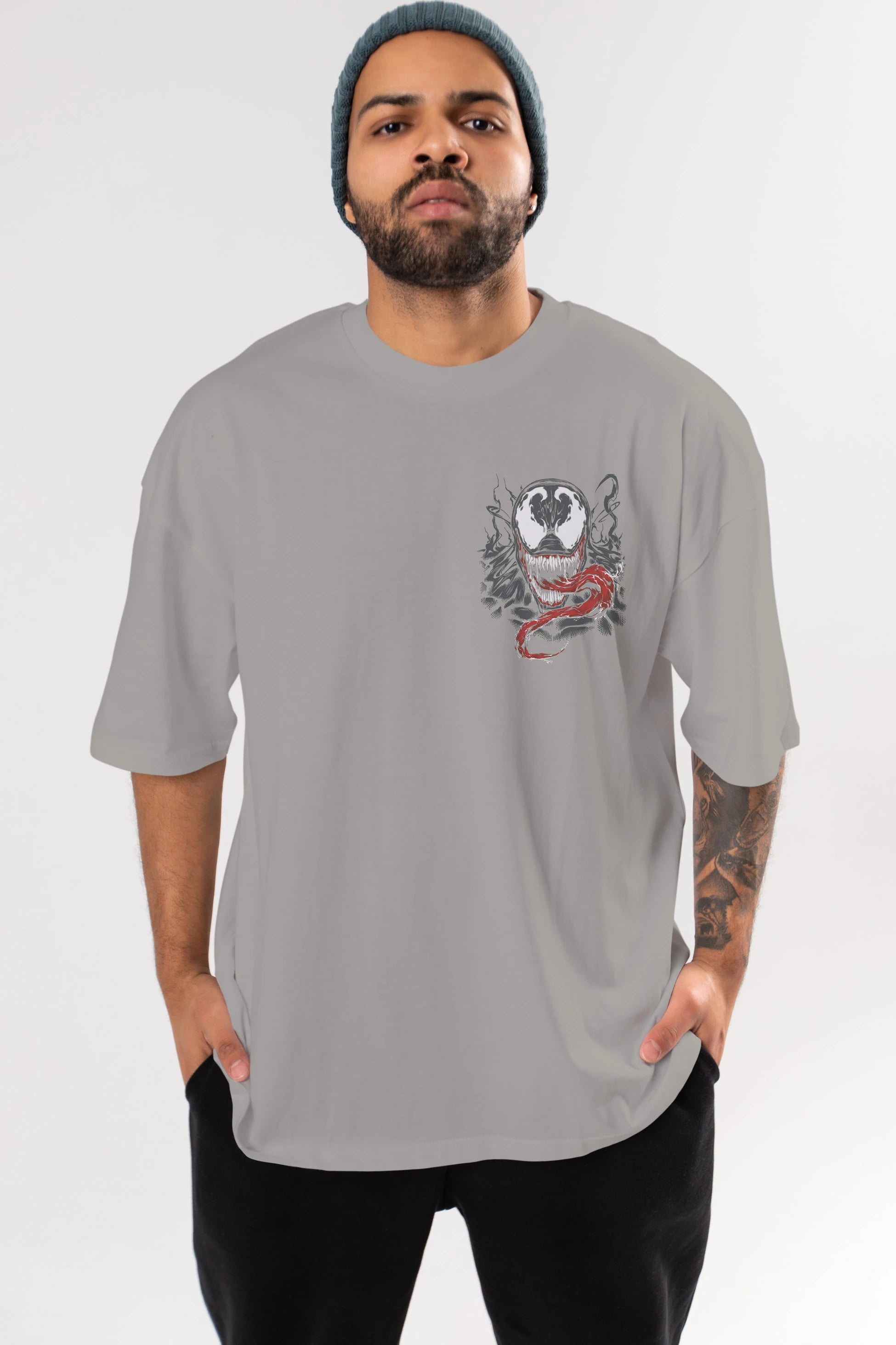 Venom (18) Ön Sol Baskılı Oversize t-shirt Erkek Kadın Unisex %100 Pamuk Bisiklet Yaka tişort