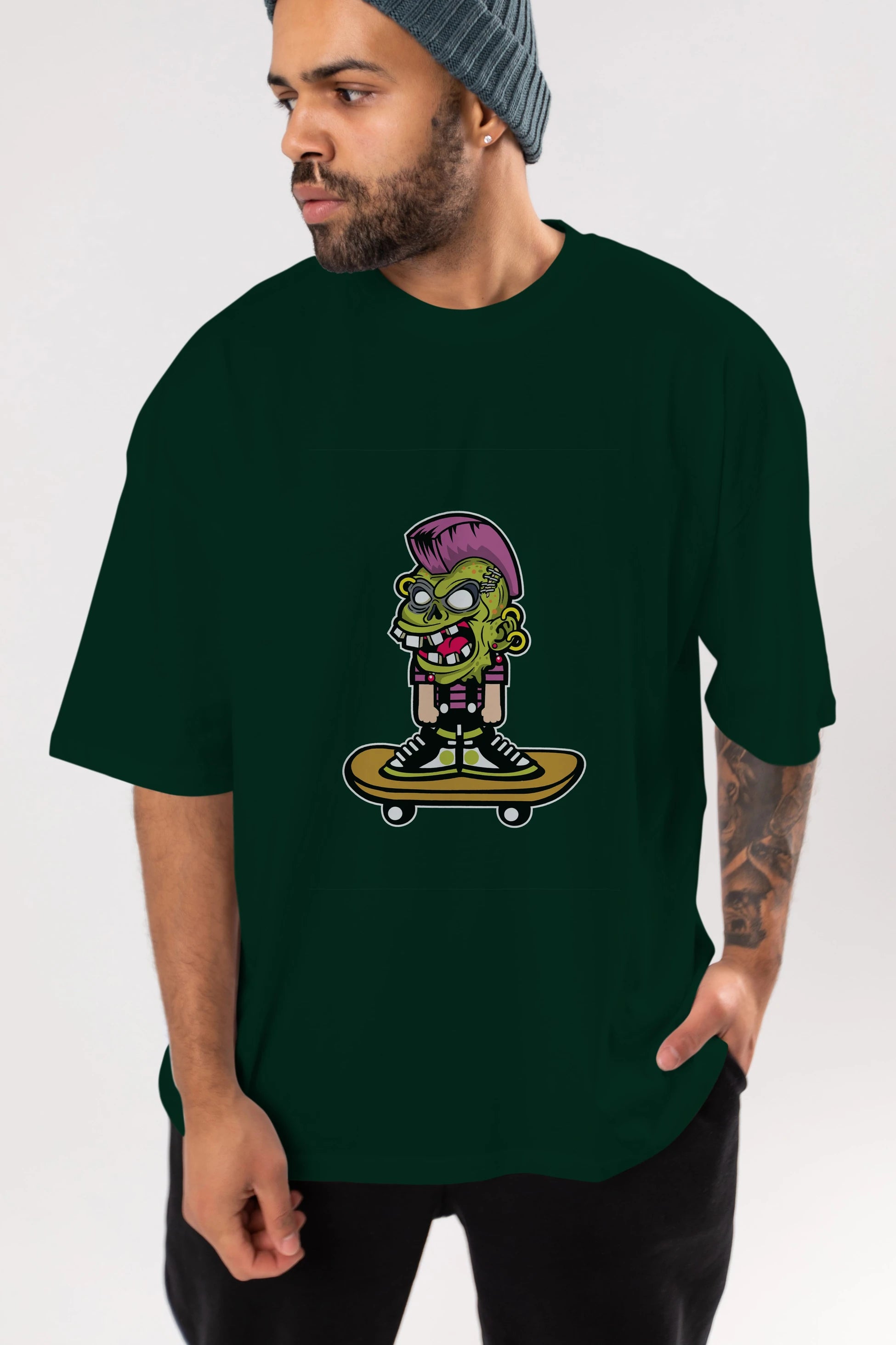 Zombie Punk Skater Ön Baskılı Oversize t-shirt Erkek Kadın Unisex %100 Pamuk tişort