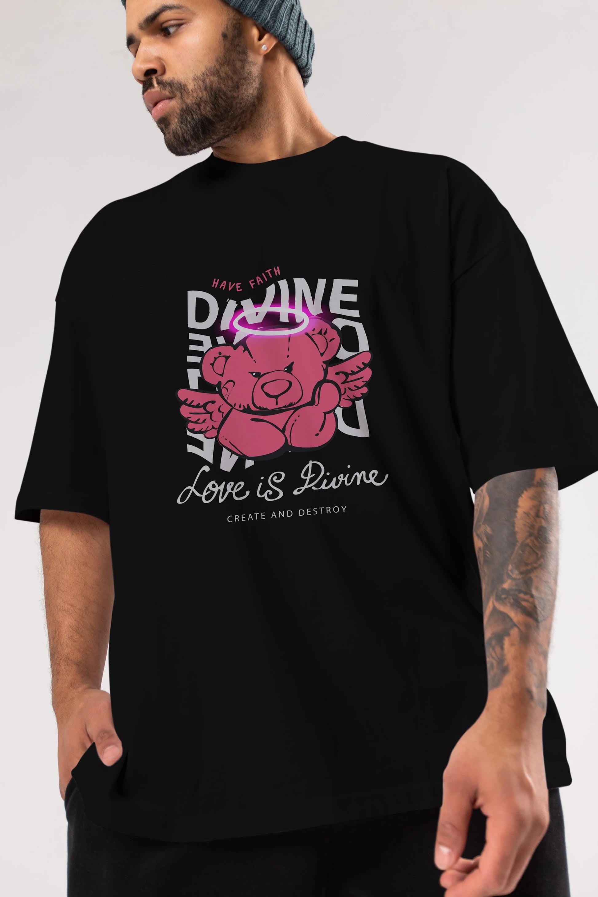 Love is Divine Bear Ön Baskılı Oversize t-shirt Erkek Kadın Unisex