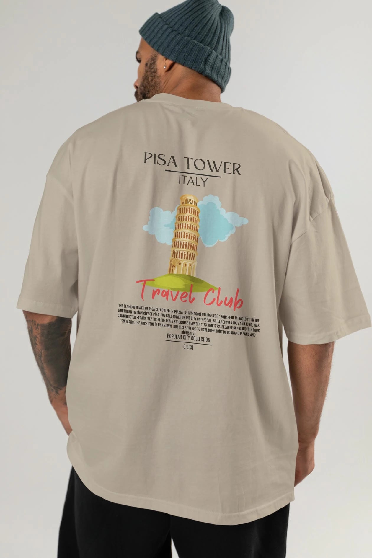 Pisa Tower İtaly Arka Baskılı Oversize t-shirt Erkek Kadın Pamuk Bisiklet Yaka tişort