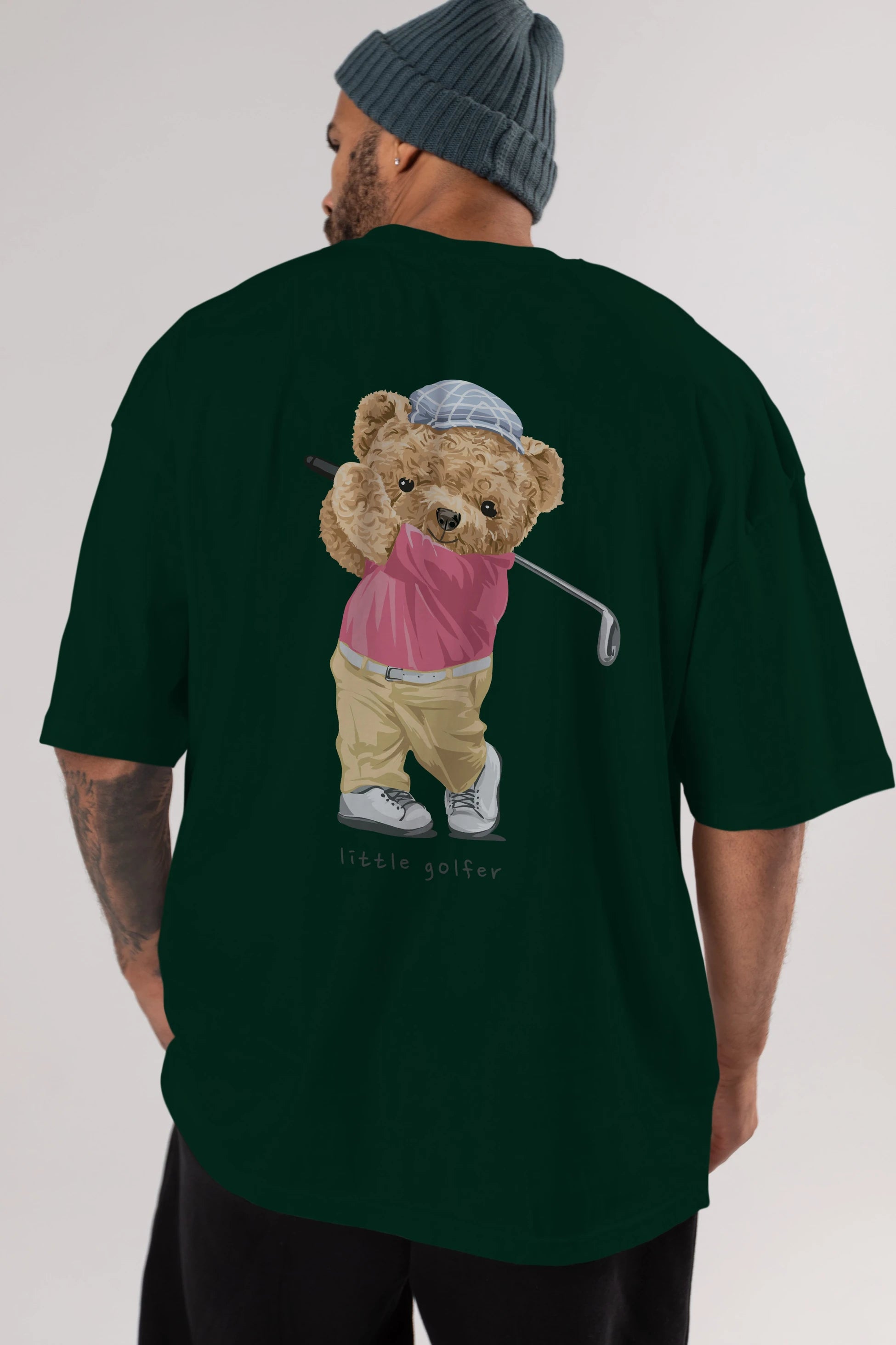 Teddy Bear Little Golfer Arka Baskılı Oversize t-shirt Erkek Kadın Unisex %100 Pamuk