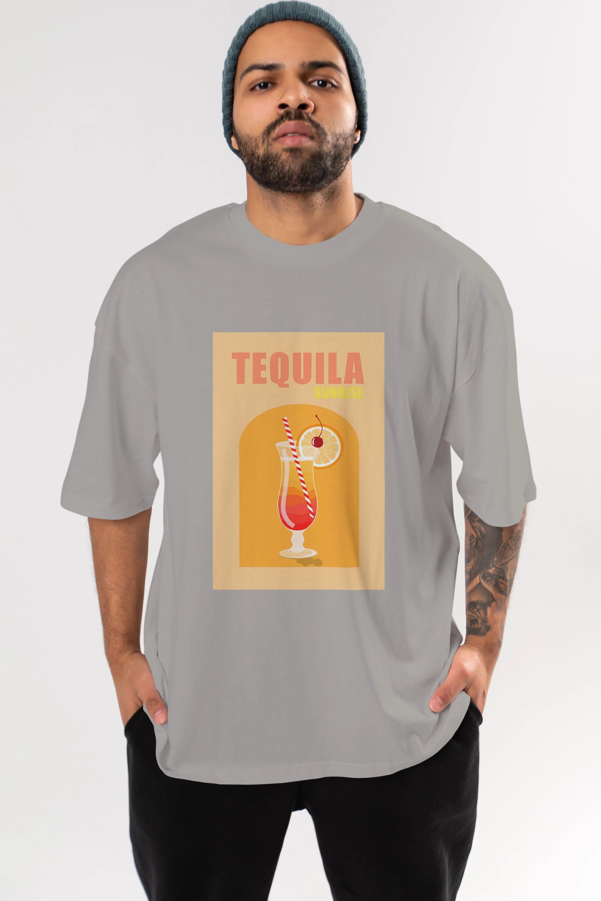 Tequila Sunrise Ön Baskılı Oversize t-shirt Erkek Kadın Unisex %100 Pamuk Bisiklet Yaka tişort