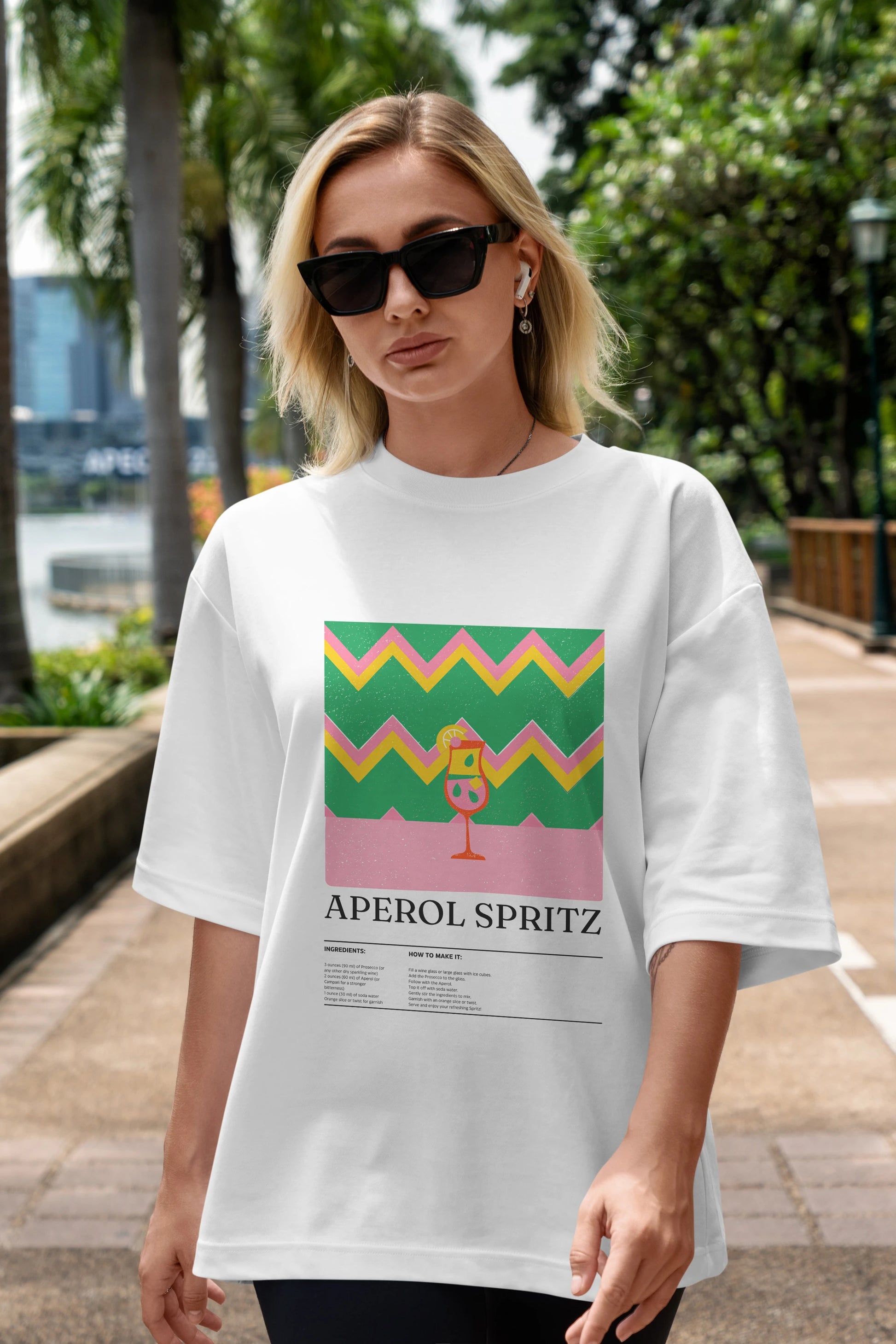 Aperol Spritz Kokteyl Ön Baskılı Oversize t-shirt Erkek Kadın %100 Pamuk Bisiklet Yaka tişort