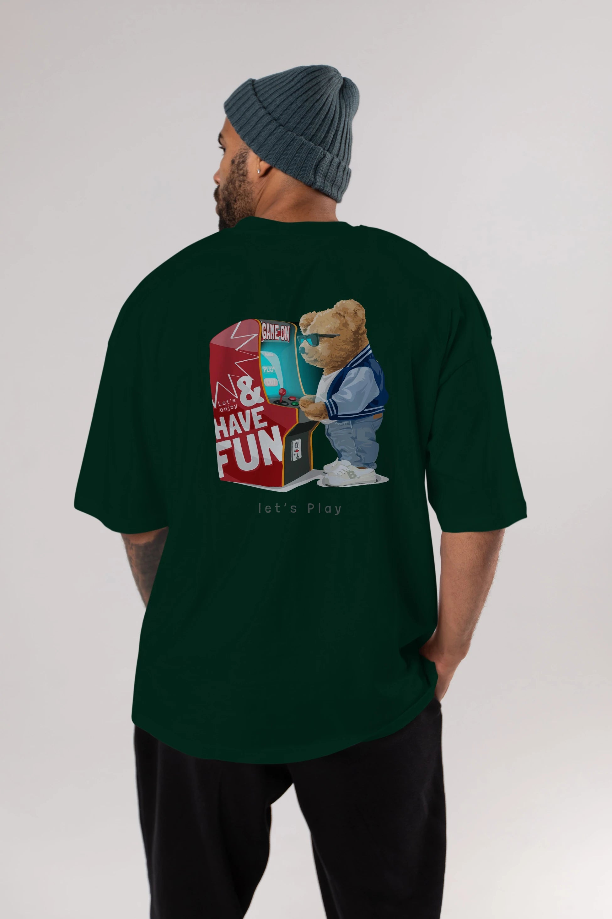 Teddy Bear Lets Play Arka Baskılı Oversize t-shirt Erkek Kadın Unisex %100 Pamuk