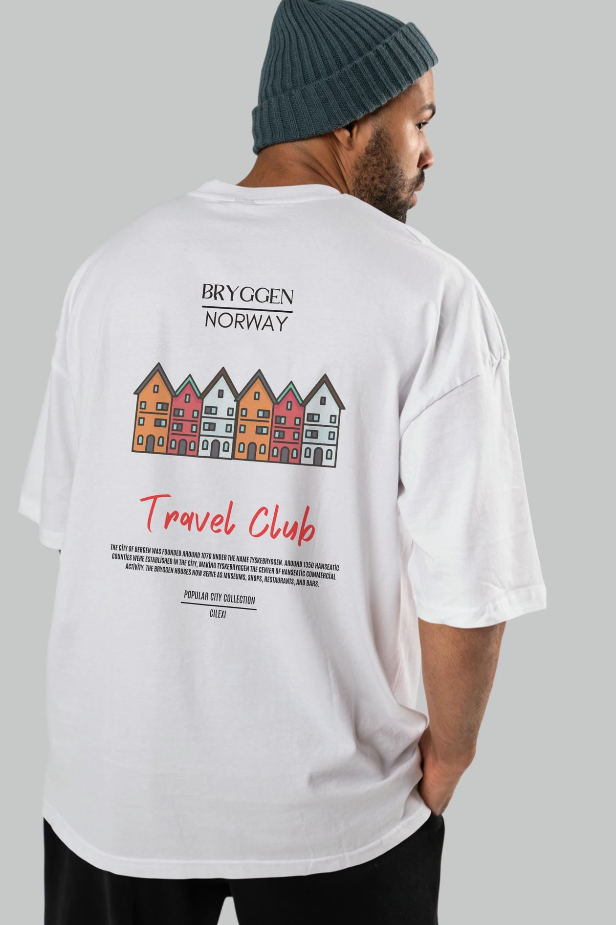Bryggen Norway Arka Baskılı Oversize t-shirt Erkek Kadın Pamuk Bisiklet Yaka tişort