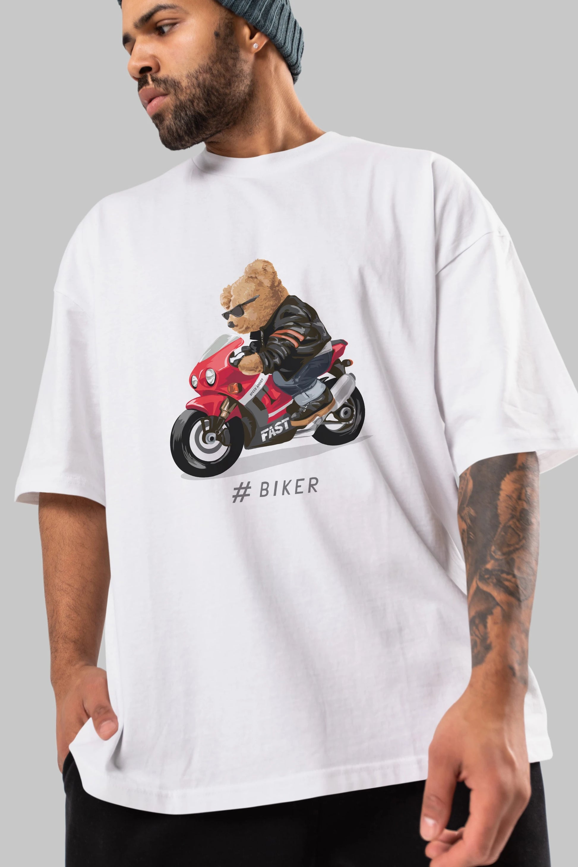 Teddy Bear Biker Ön Baskılı Oversize t-shirt Erkek Kadın Unisex %100 Pamuk