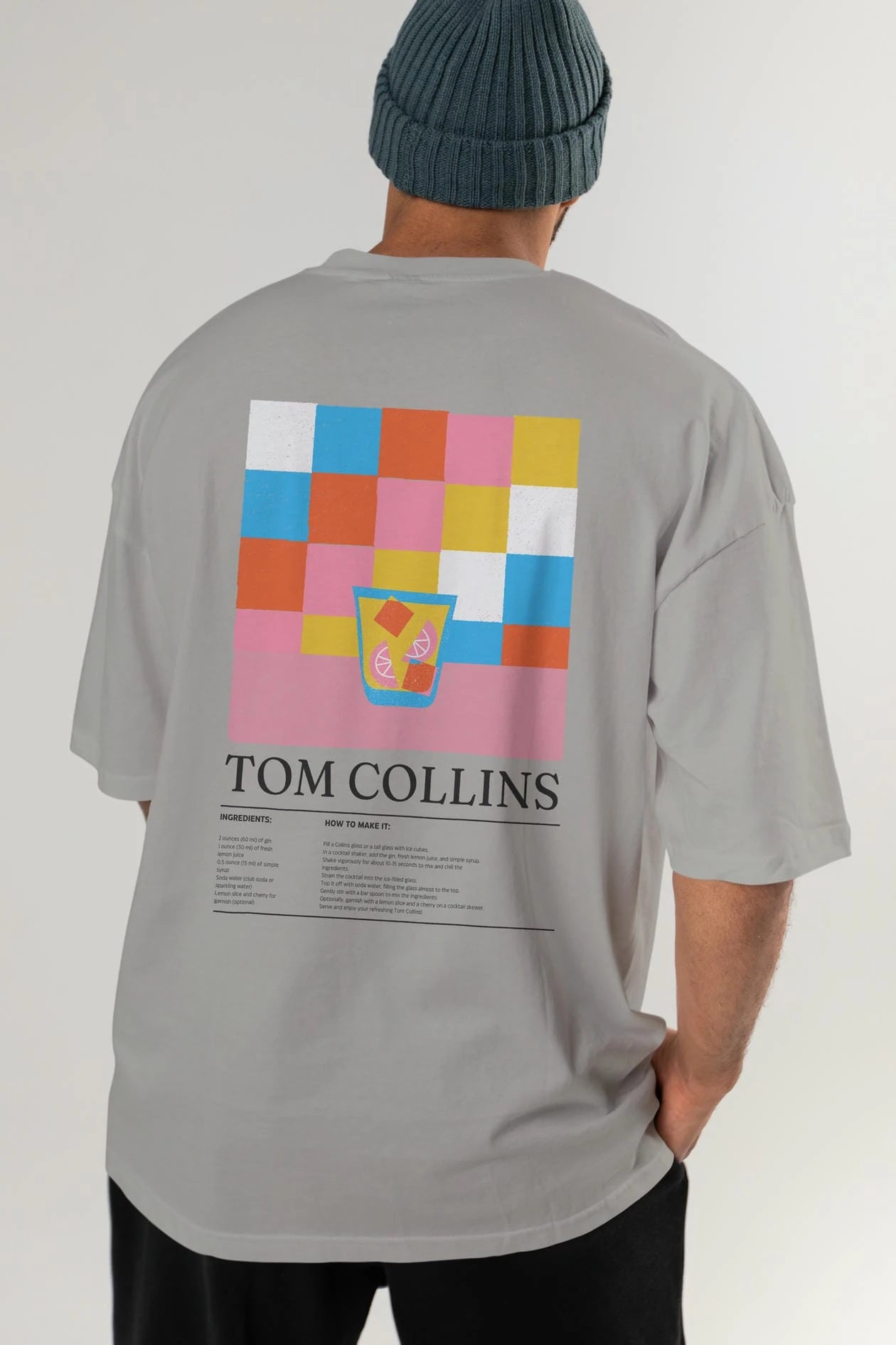 Tom Collins Kokteyl Serisi Arka Baskılı Oversize t-shirt Erkek Kadın %100 Pamuk Bisiklet Yaka tişort