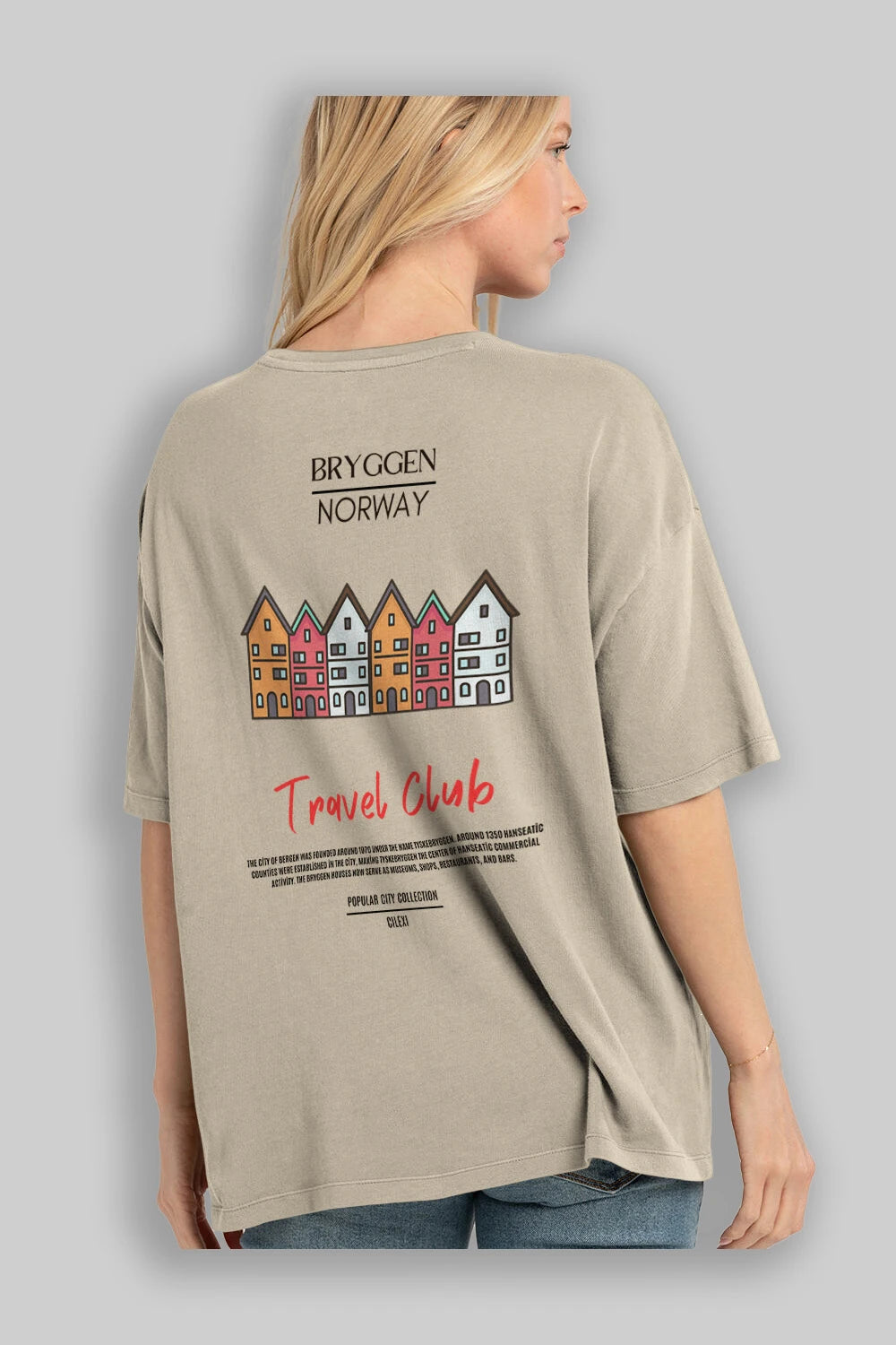 Bryggen Norway Arka Baskılı Oversize t-shirt Erkek Kadın Pamuk Bisiklet Yaka tişort