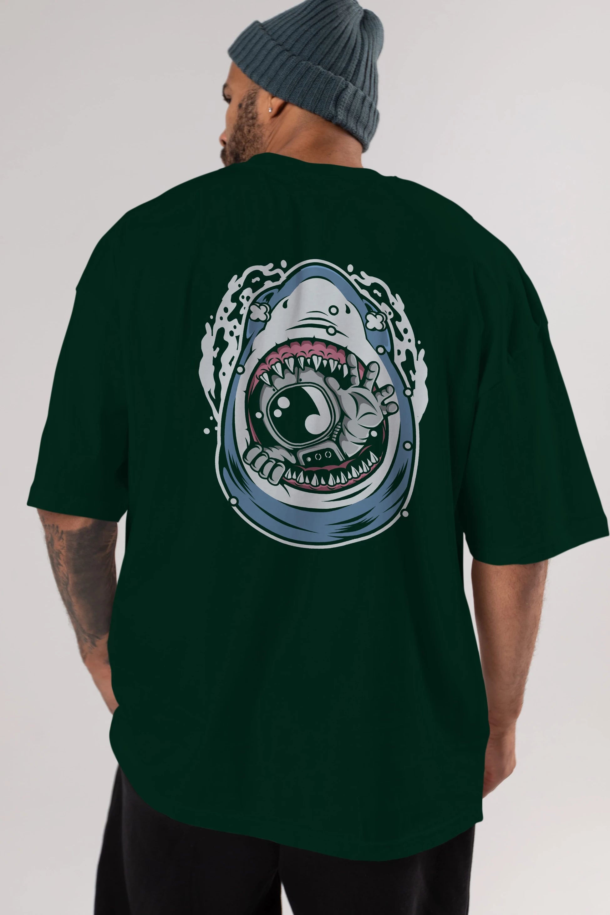 Astronaut Shark Arka Baskılı Oversize t-shirt Erkek Kadın Unisex