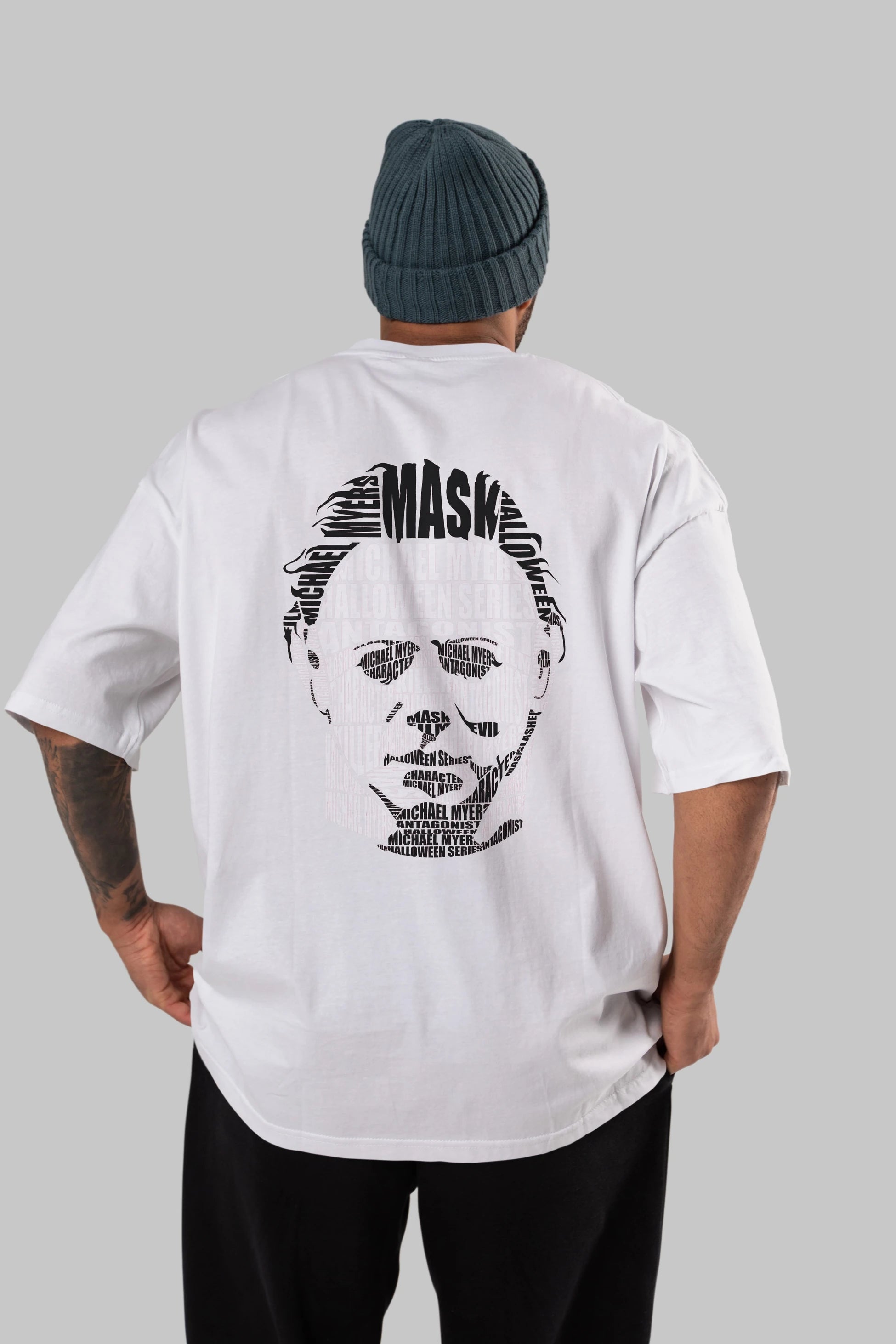 Michael Myers Calligram Arka Baskılı Oversize t-shirt %100 pamuk Erkek Kadın Unisex