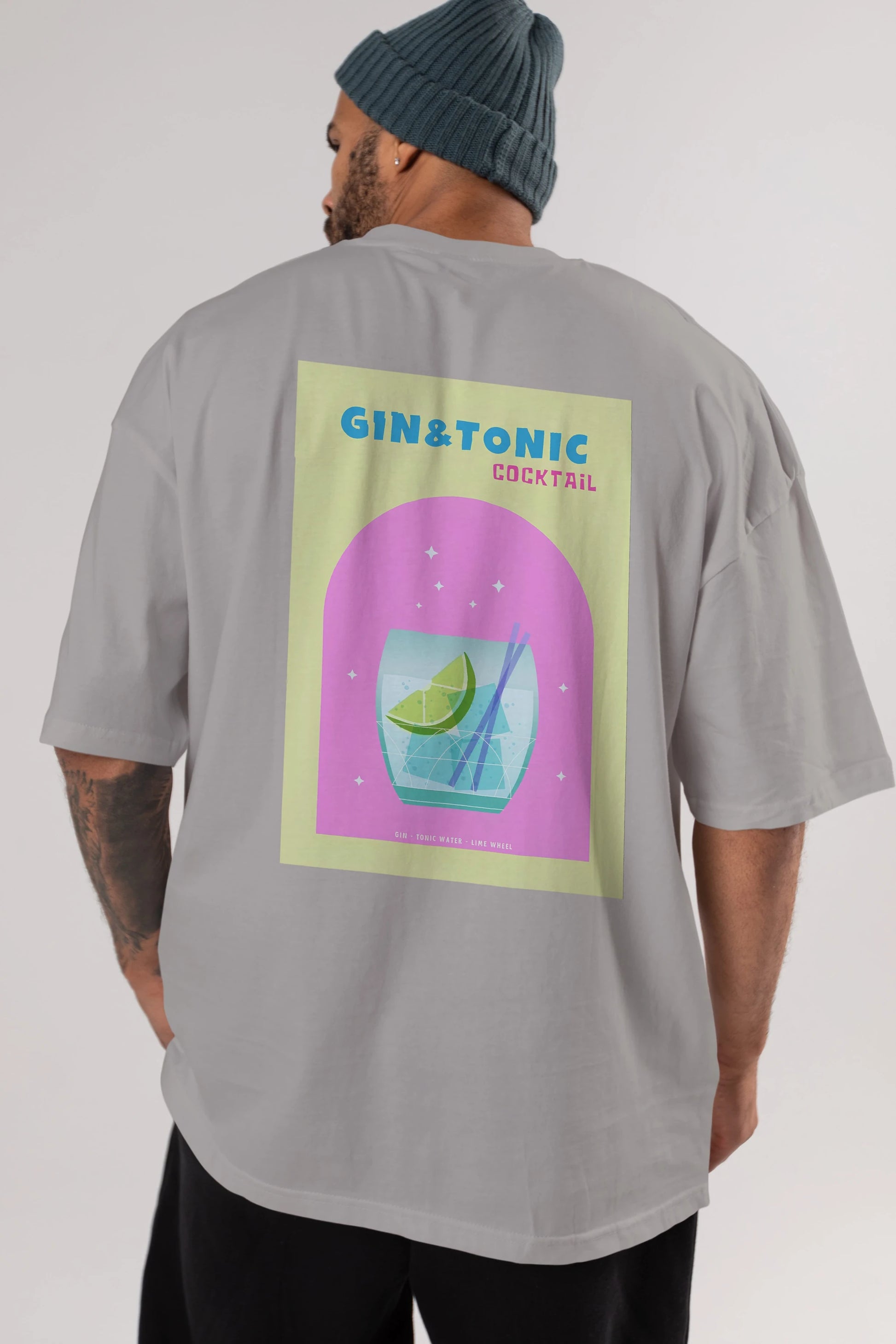 Gin Tonic Cocktail Arka Baskılı Oversize t-shirt Erkek Kadın Unisex %100 Pamuk Bisiklet Yaka tişort
