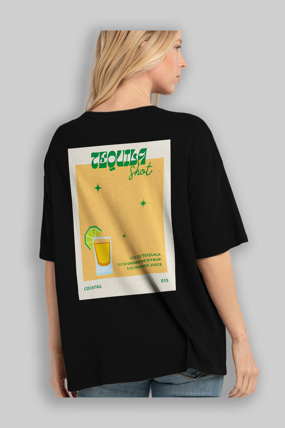 Tequila Shot 2 Arka Baskılı Oversize t-shirt Erkek Kadın Unisex %100 Pamuk Bisiklet Yaka tişort