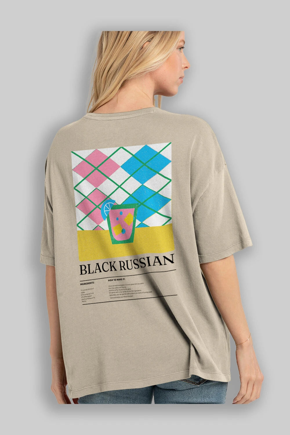 Black Russian Kokteyl Serisi Arka Baskılı Oversize t-shirt Erkek Kadın %100 Pamuk Bisiklet Yaka tişort