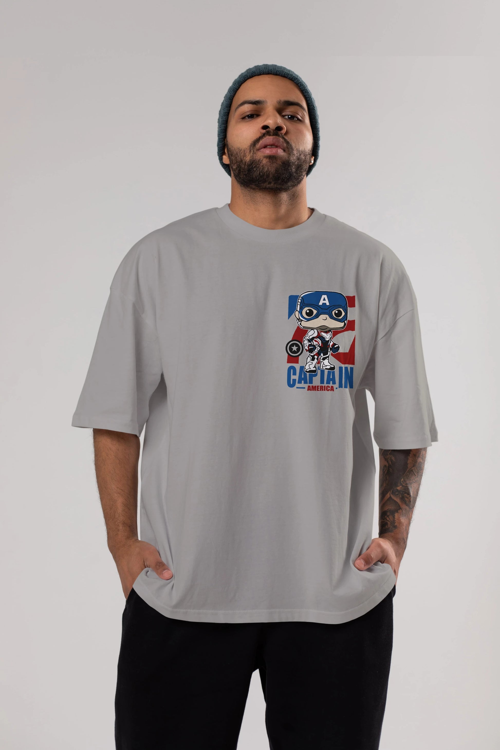 Captain America Ön Sol Baskılı Oversize t-shirt Erkek Kadın Unisex %100 Pamuk Bisiklet Yaka tişort
