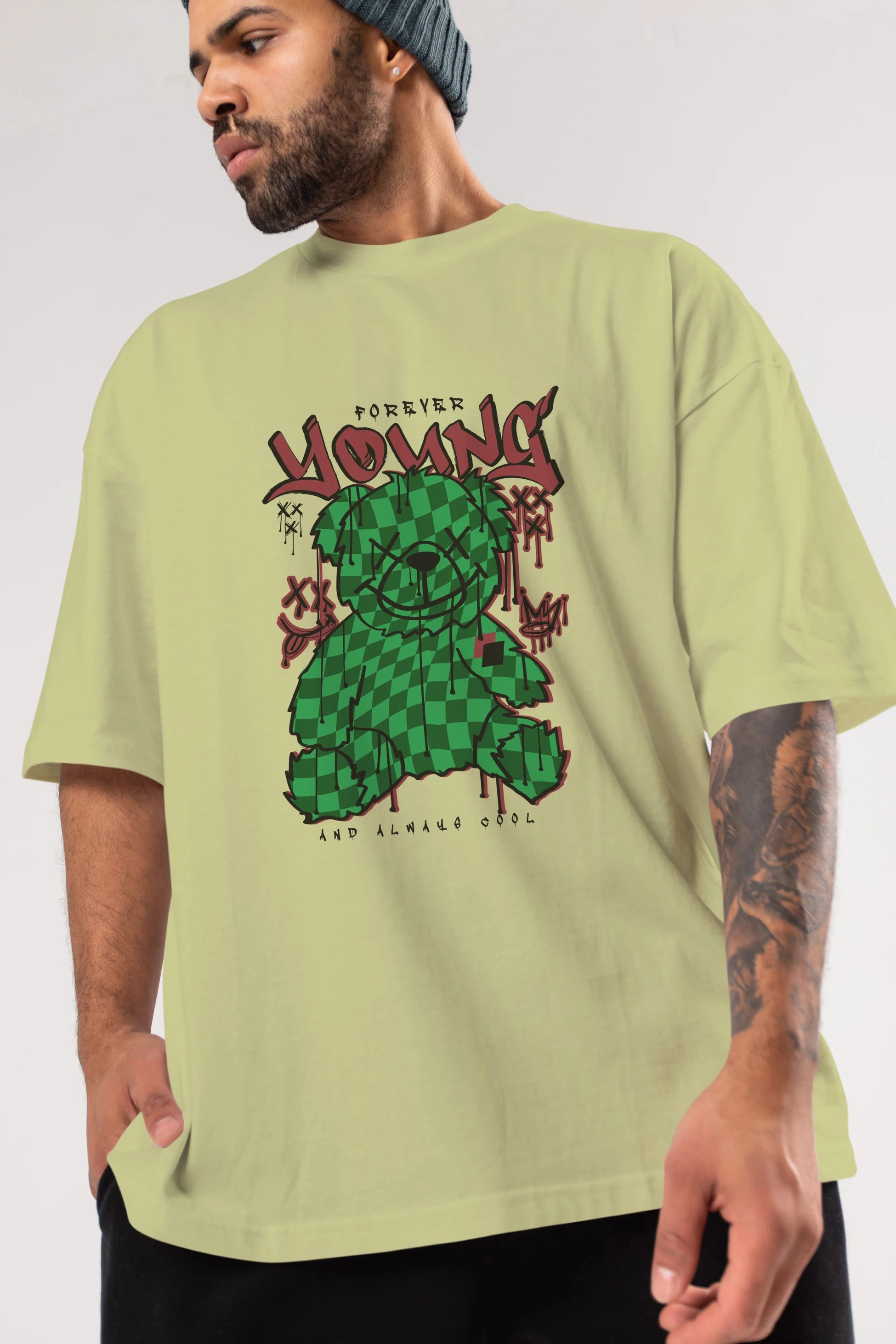 Young and Always Cool Bear Ön Baskılı Oversize t-shirt Erkek Kadın Unisex