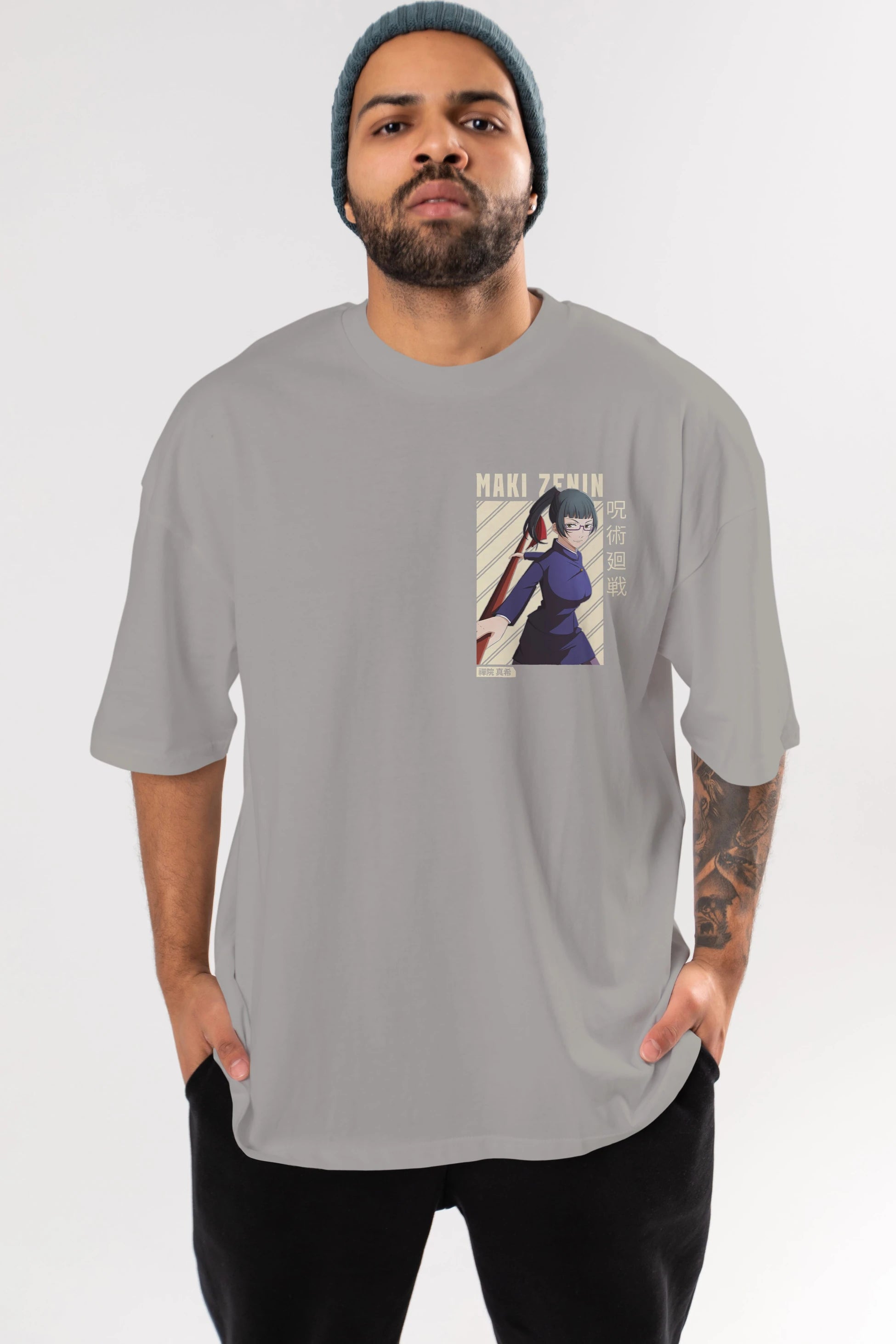 Maki Zenin CHAİNSAWMAN Ön Sol Baskılı Oversize t-shirt Erkek Kadın Unisex %100 Pamuk Bisiklet Yaka tişort
