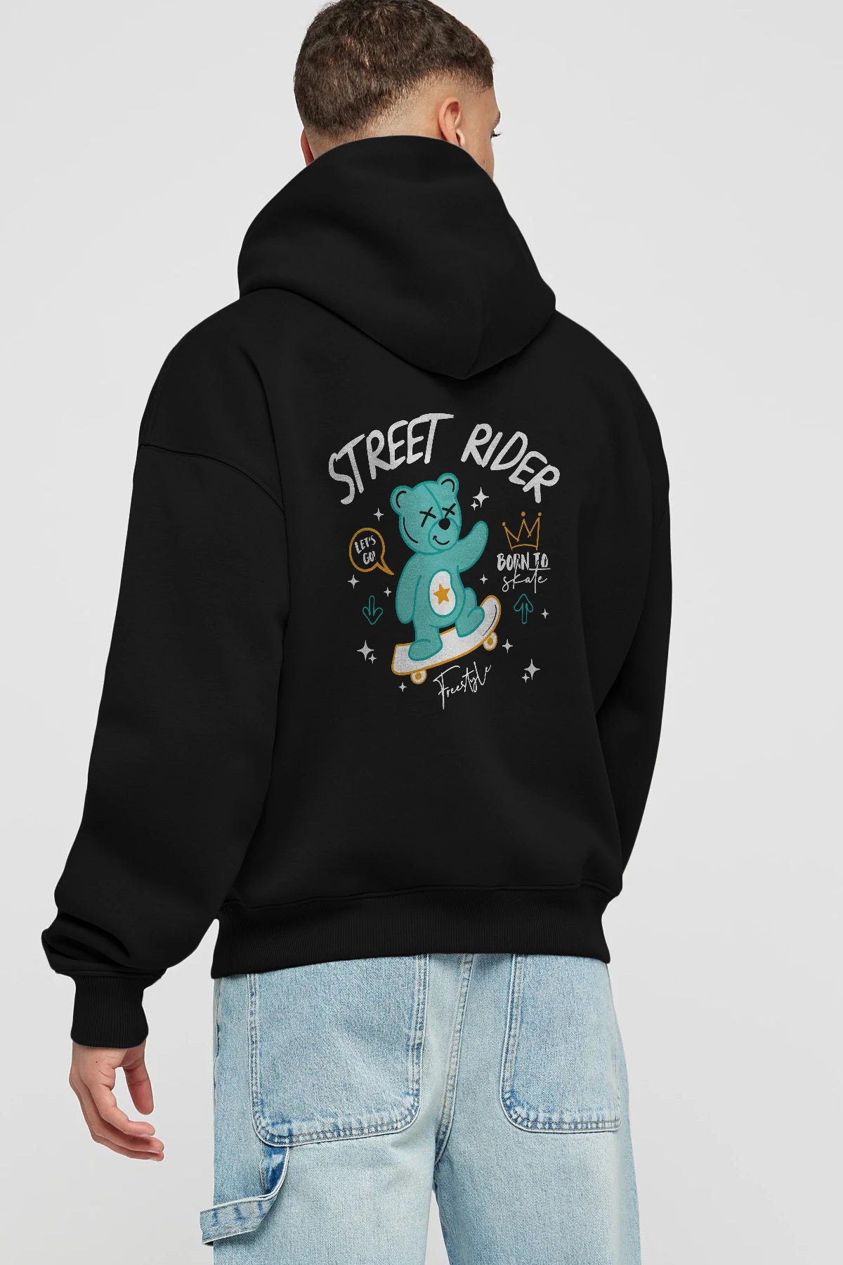 Street Rider Bear Arka Baskılı Hoodie Oversize Kapüşonlu Sweatshirt Erkek Kadın Unisex