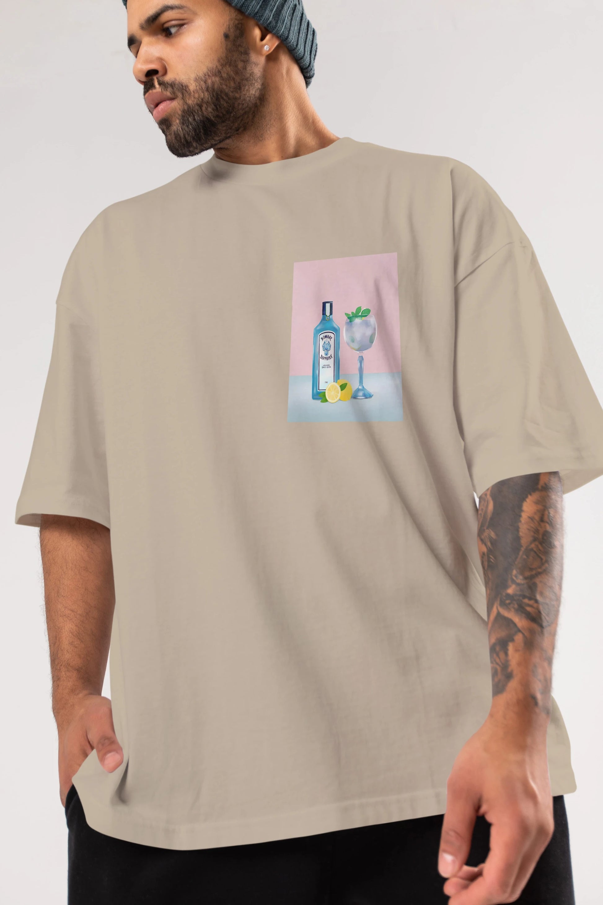 Bombay Sapphire Dry Gin Ön Sol Baskılı Oversize t-shirt Erkek Kadın Unisex %100 Pamuk Bisiklet Yaka tişort