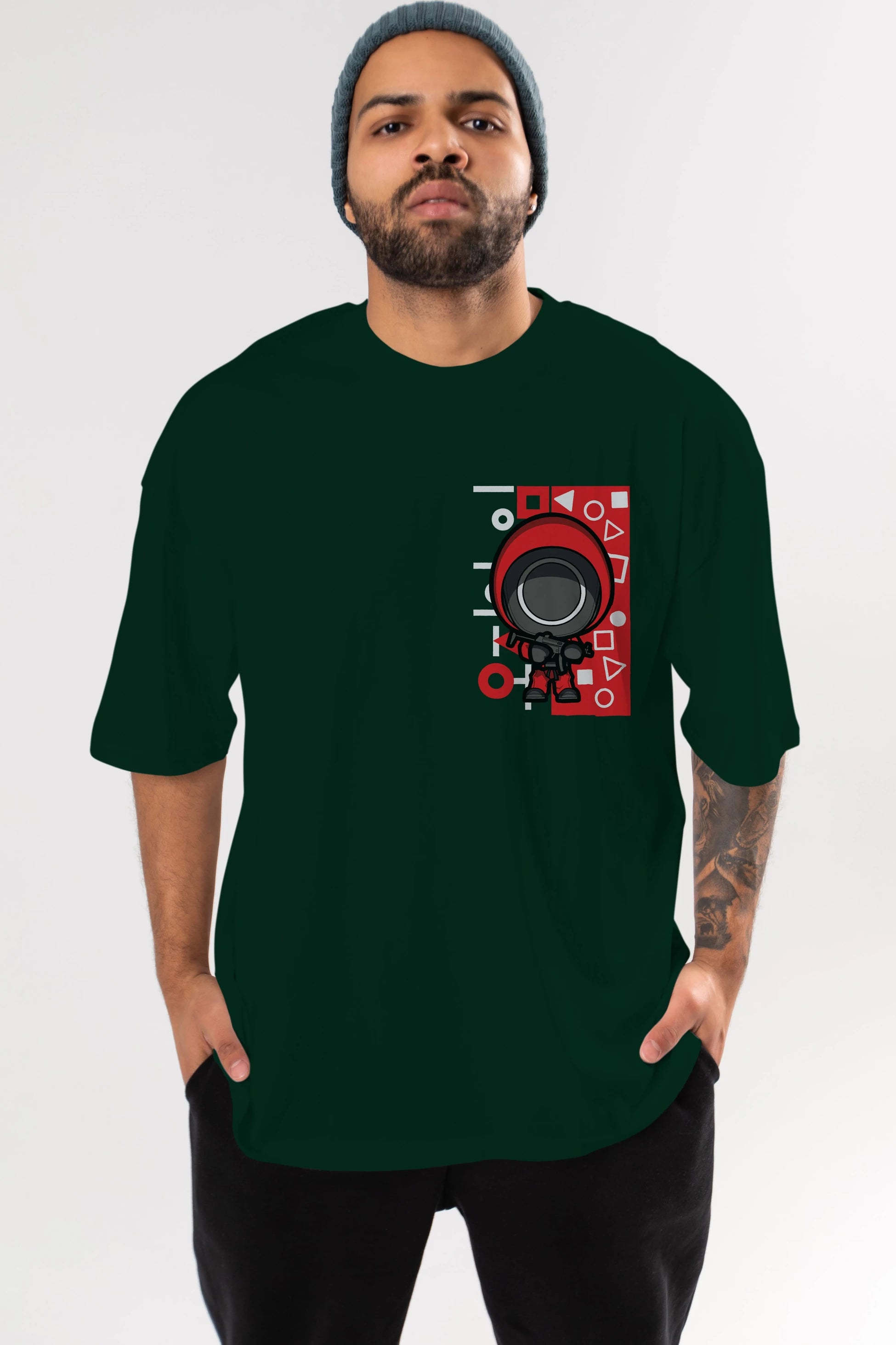 Squid Game (4) Ön Sol Baskılı Oversize t-shirt Erkek Kadın Unisex %100 Pamuk Bisiklet Yaka tişort