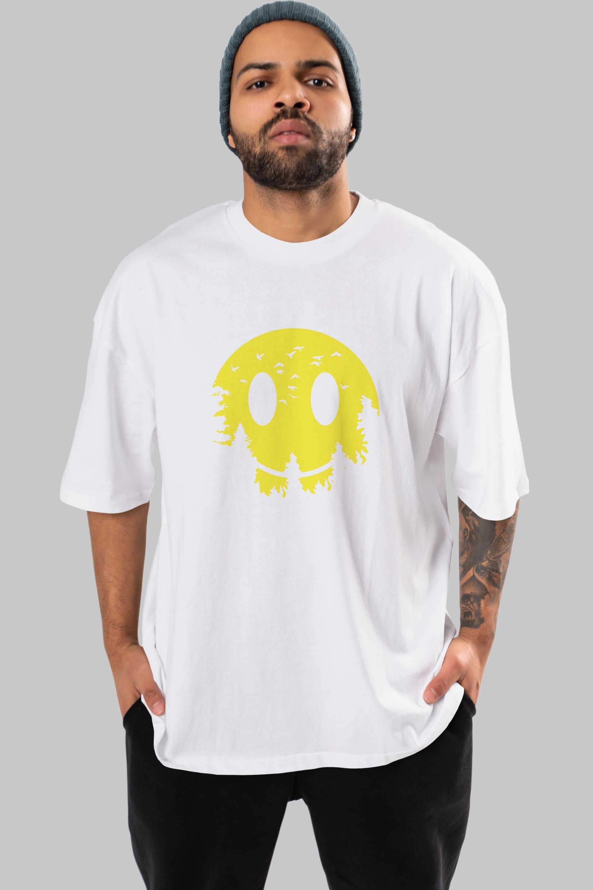 Smiley Moon Ön Baskılı Oversize t-shirt %100 pamuk Erkek Kadın Unisex