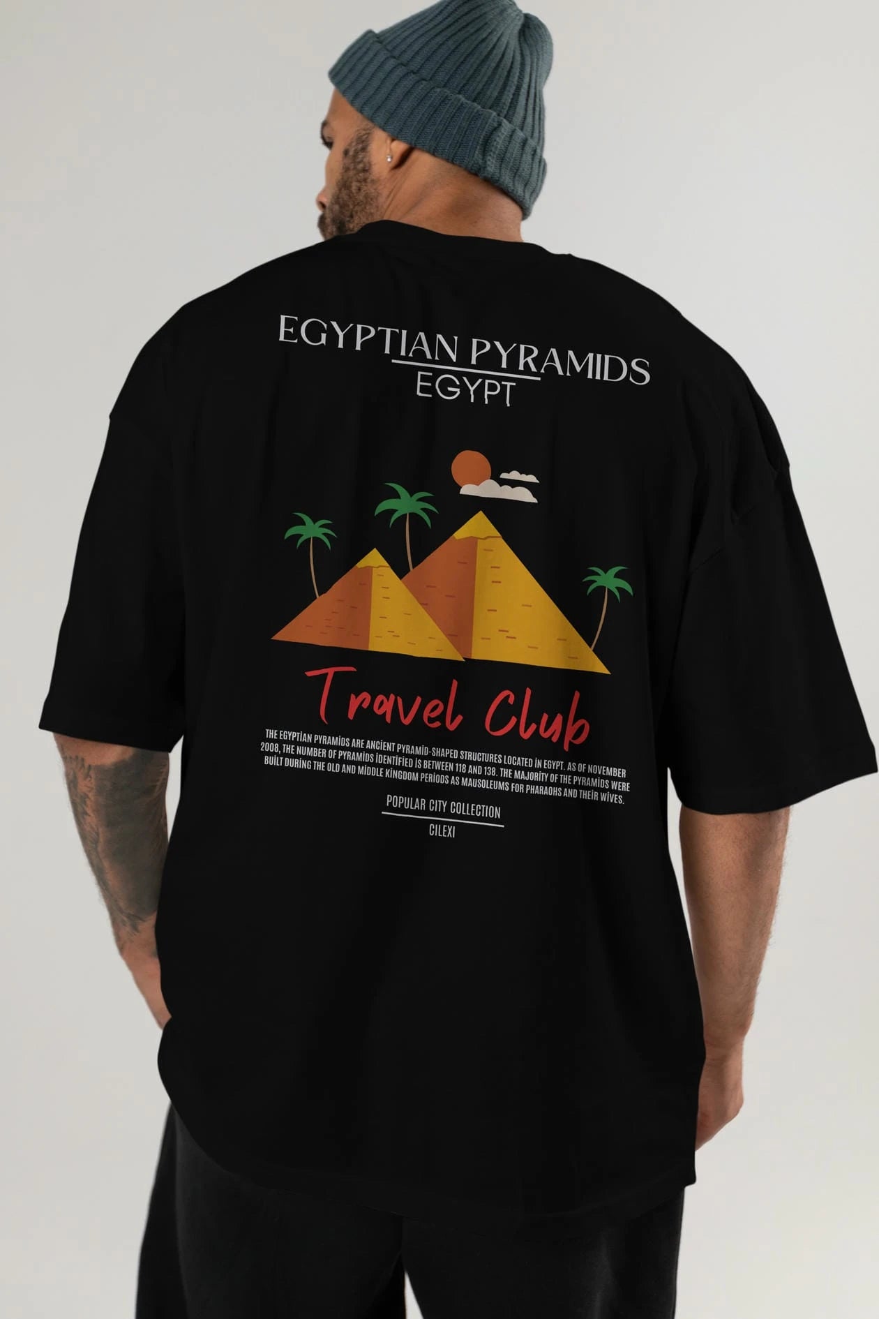 Egyptian Pyramids Egypt Arka Baskılı Oversize t-shirt Erkek Kadın Pamuk Bisiklet Yaka tişort