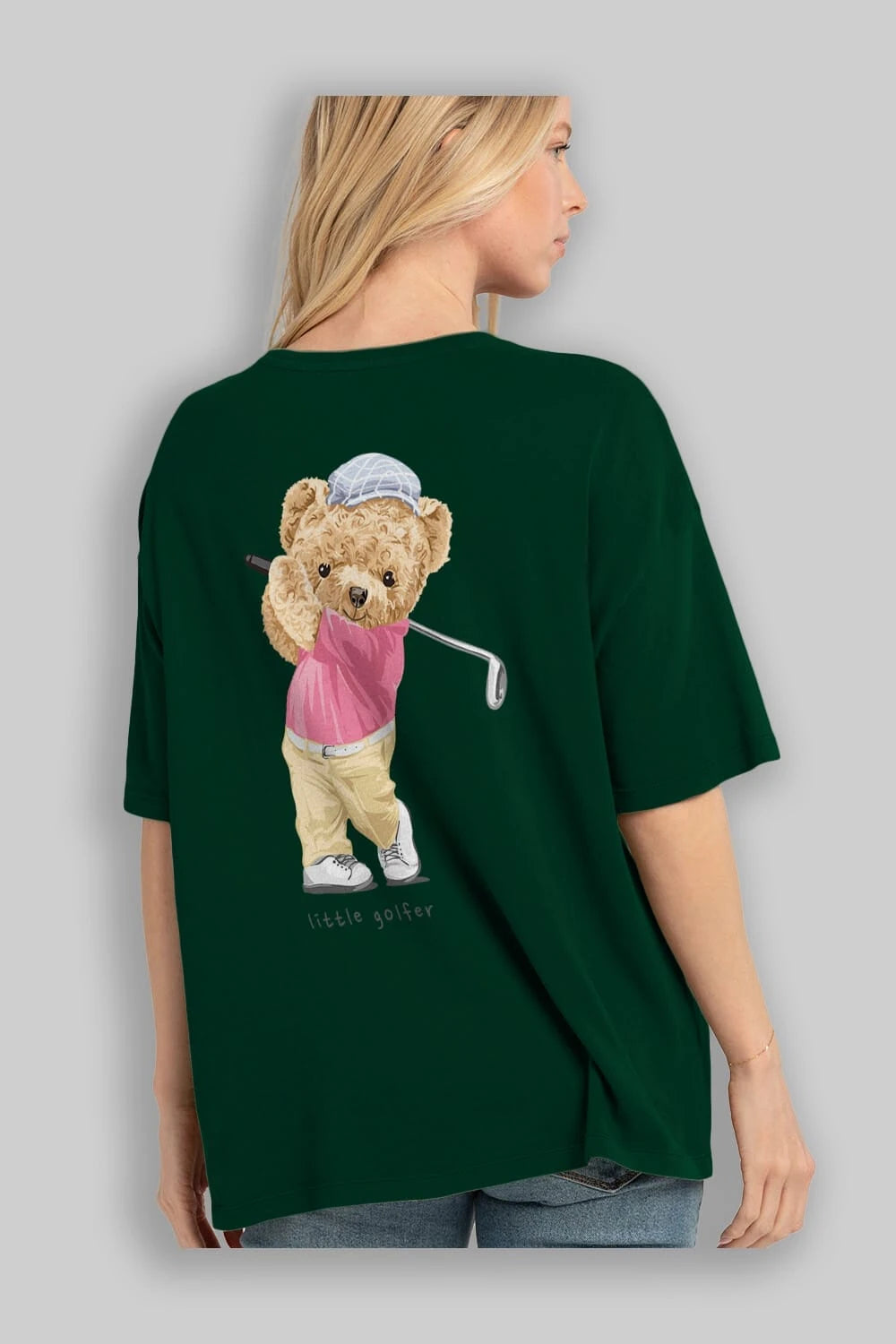 Teddy Bear Little Golfer Arka Baskılı Oversize t-shirt Erkek Kadın Unisex %100 Pamuk