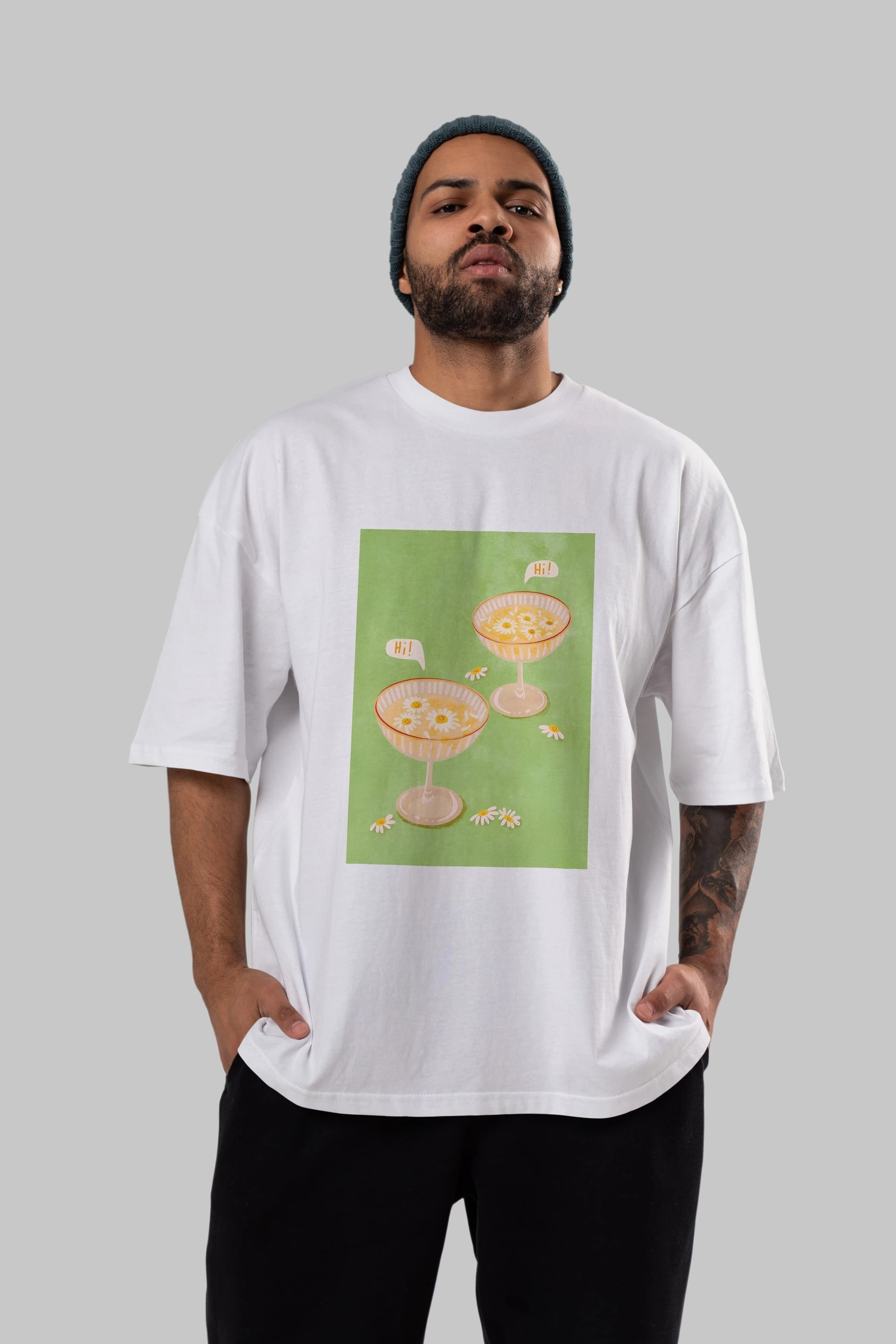 Hi Cheers Ön Baskılı Oversize t-shirt Erkek Kadın Unisex %100 Pamuk Bisiklet Yaka tişort