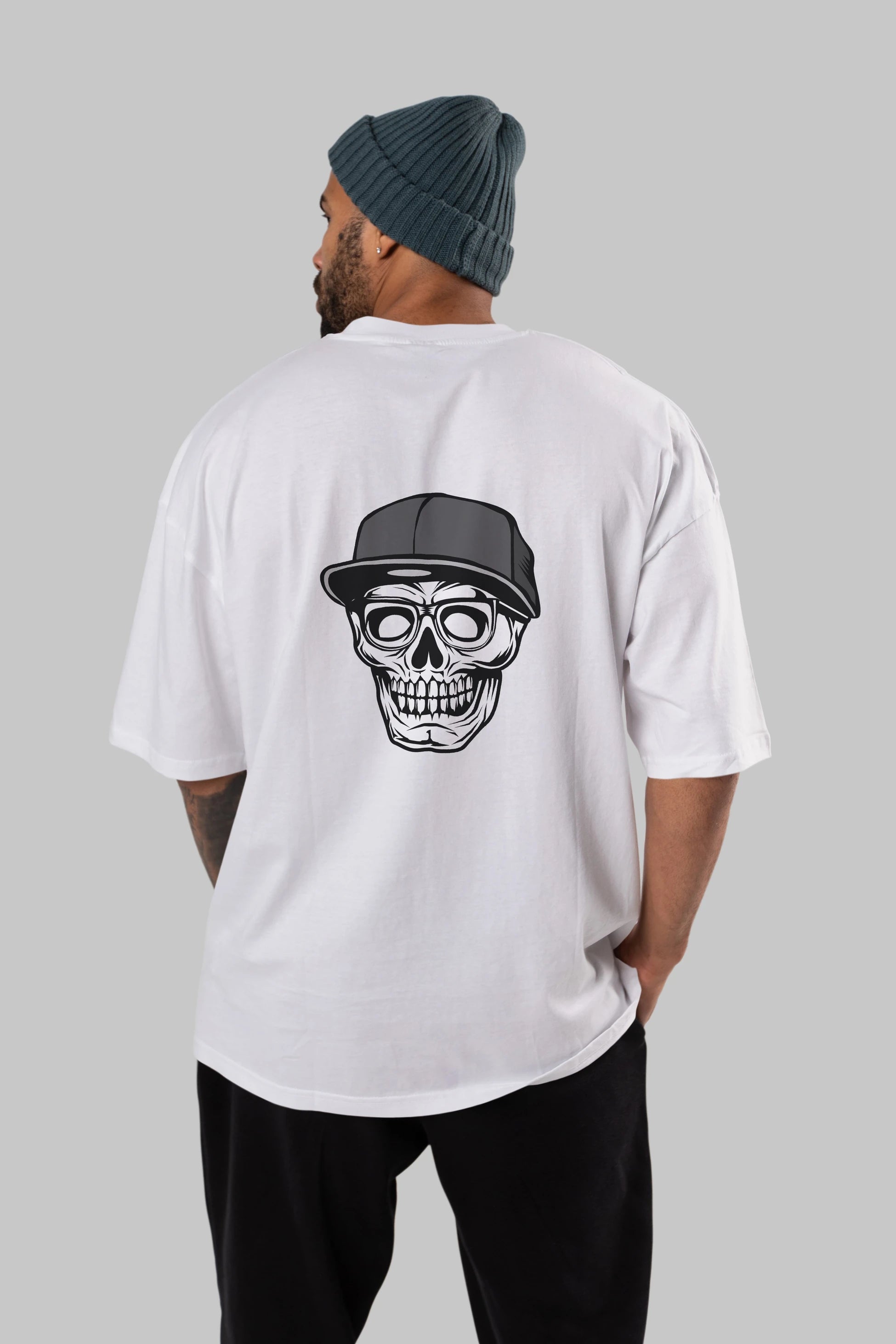 Skull With Hat Arka Baskılı Oversize t-shirt Erkek Kadın Unisex %100 Pamuk tişort