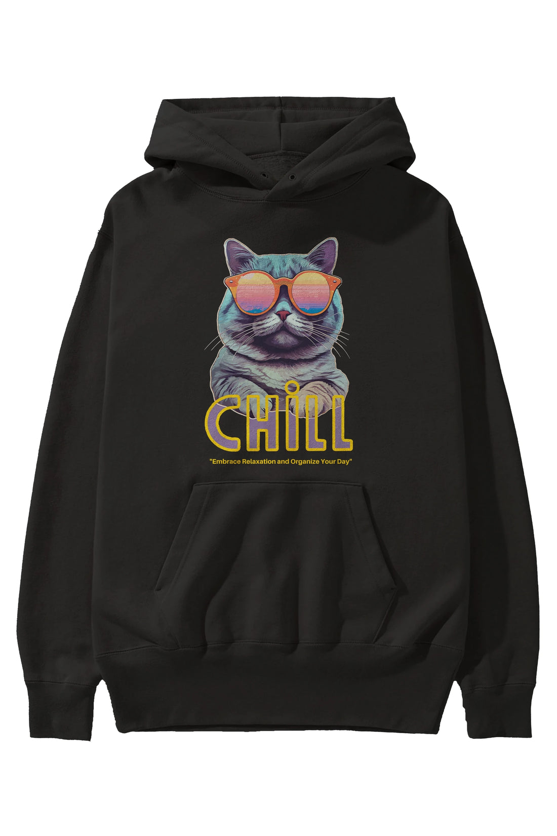 Chill Cat Ön Baskılı Oversize Hoodie Kapüşonlu Sweatshirt Erkek Kadın Unisex
