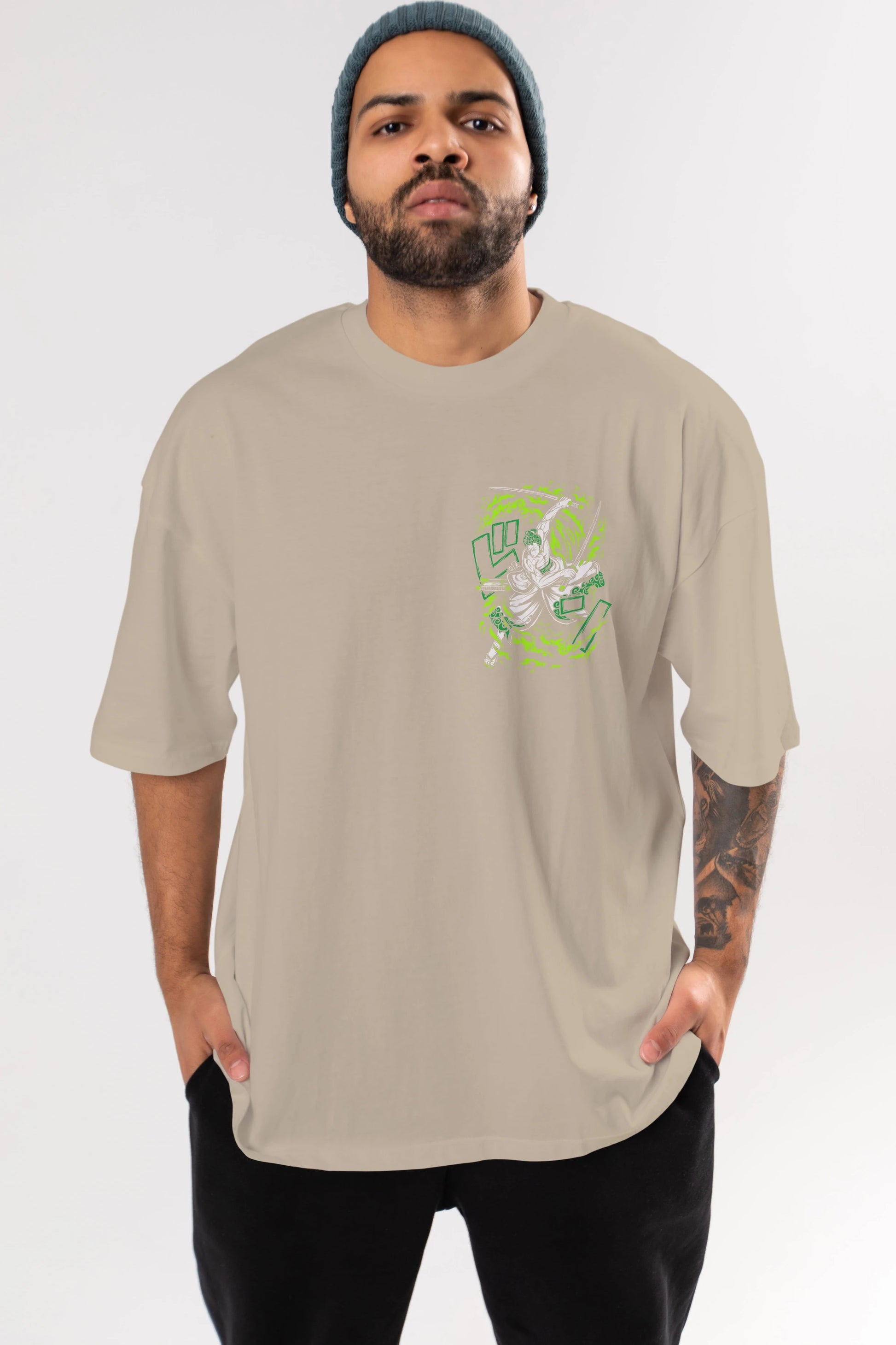 ZORO-ONE PIECE (2) Ön Sol Baskılı Oversize t-shirt Erkek Kadın Unisex %100 Pamuk Bisiklet Yaka tişort