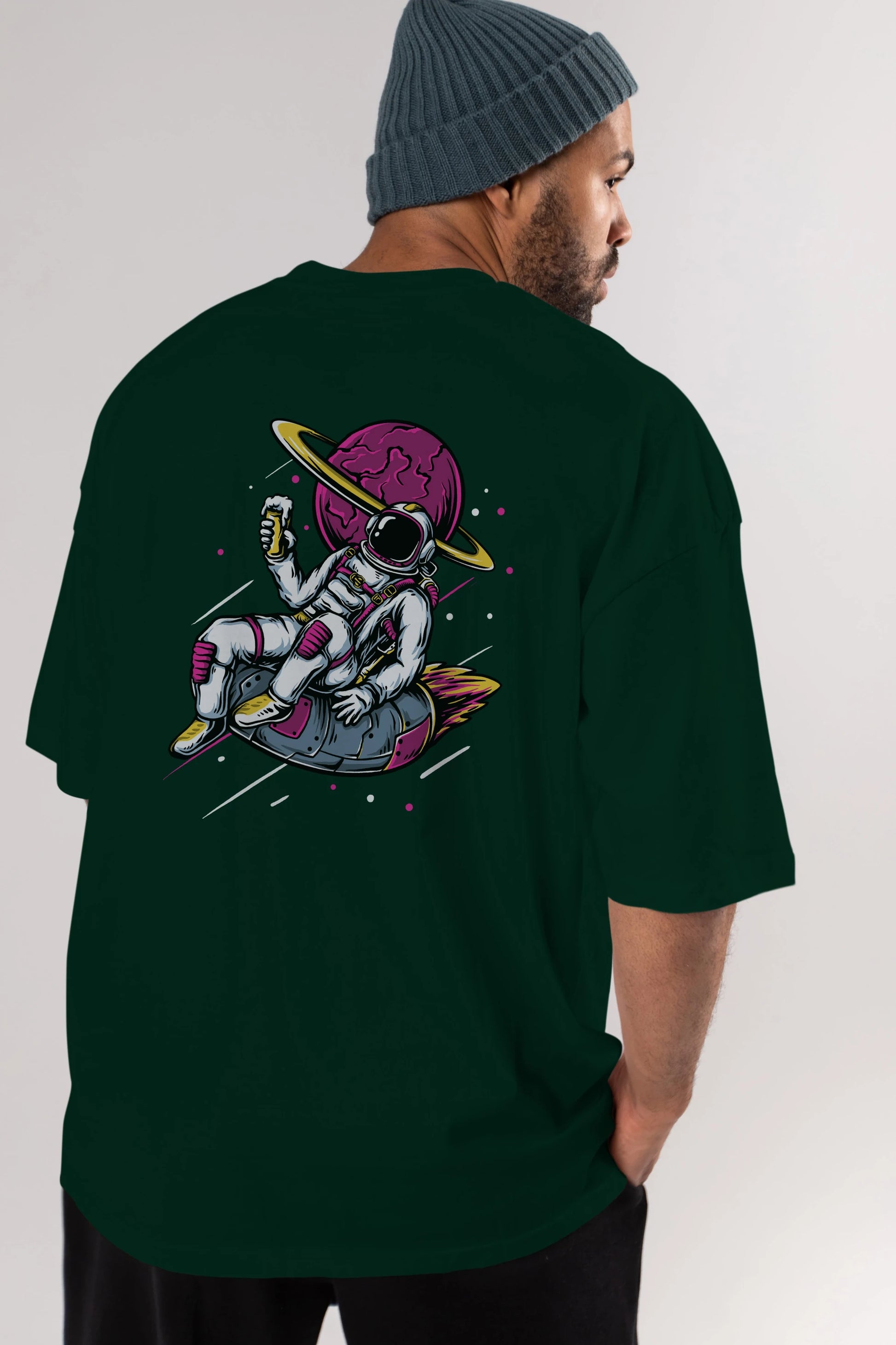 Astronaut Beer Arka Baskılı Oversize t-shirt Erkek Kadın Unisex