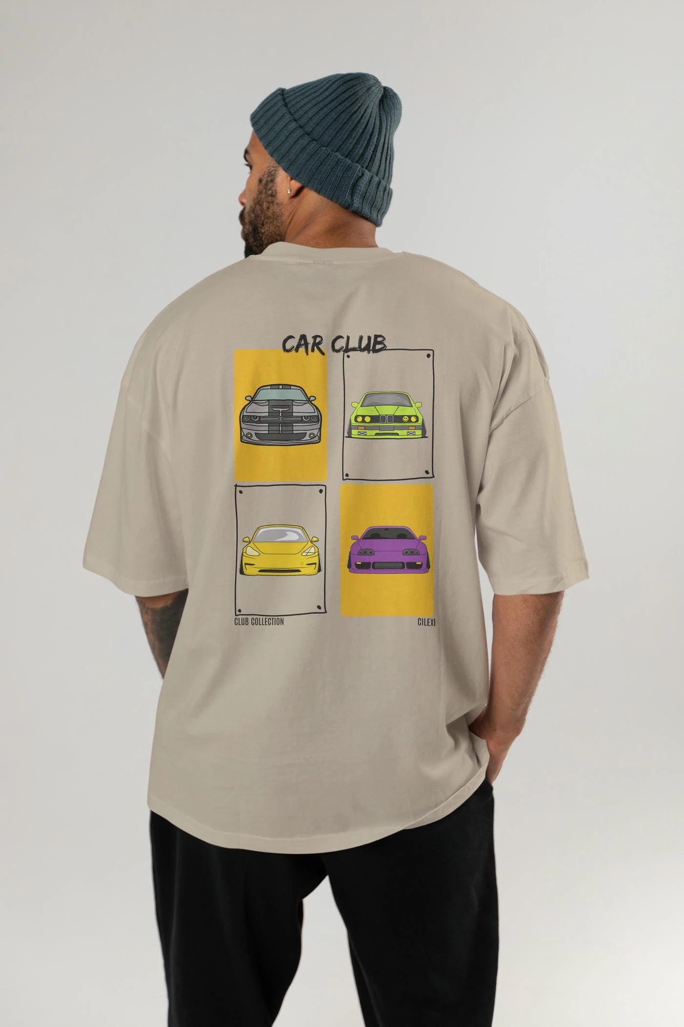 Car Club Arka Baskılı Oversize t-shirt Erkek Kadın %100 Pamuk Bisiklet Yaka tişort
