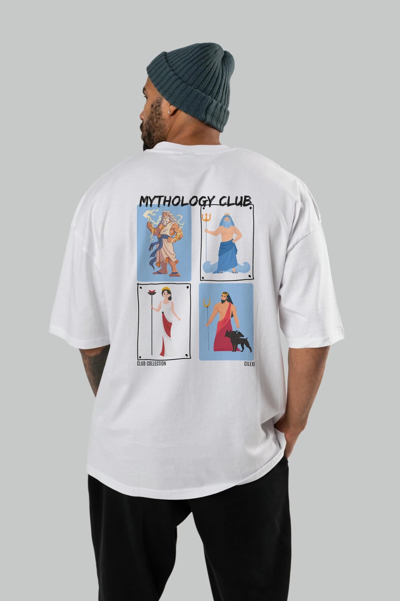 Mythology Club 2 Arka Baskılı Oversize t-shirt Erkek Kadın %100 Pamuk Bisiklet Yaka tişort