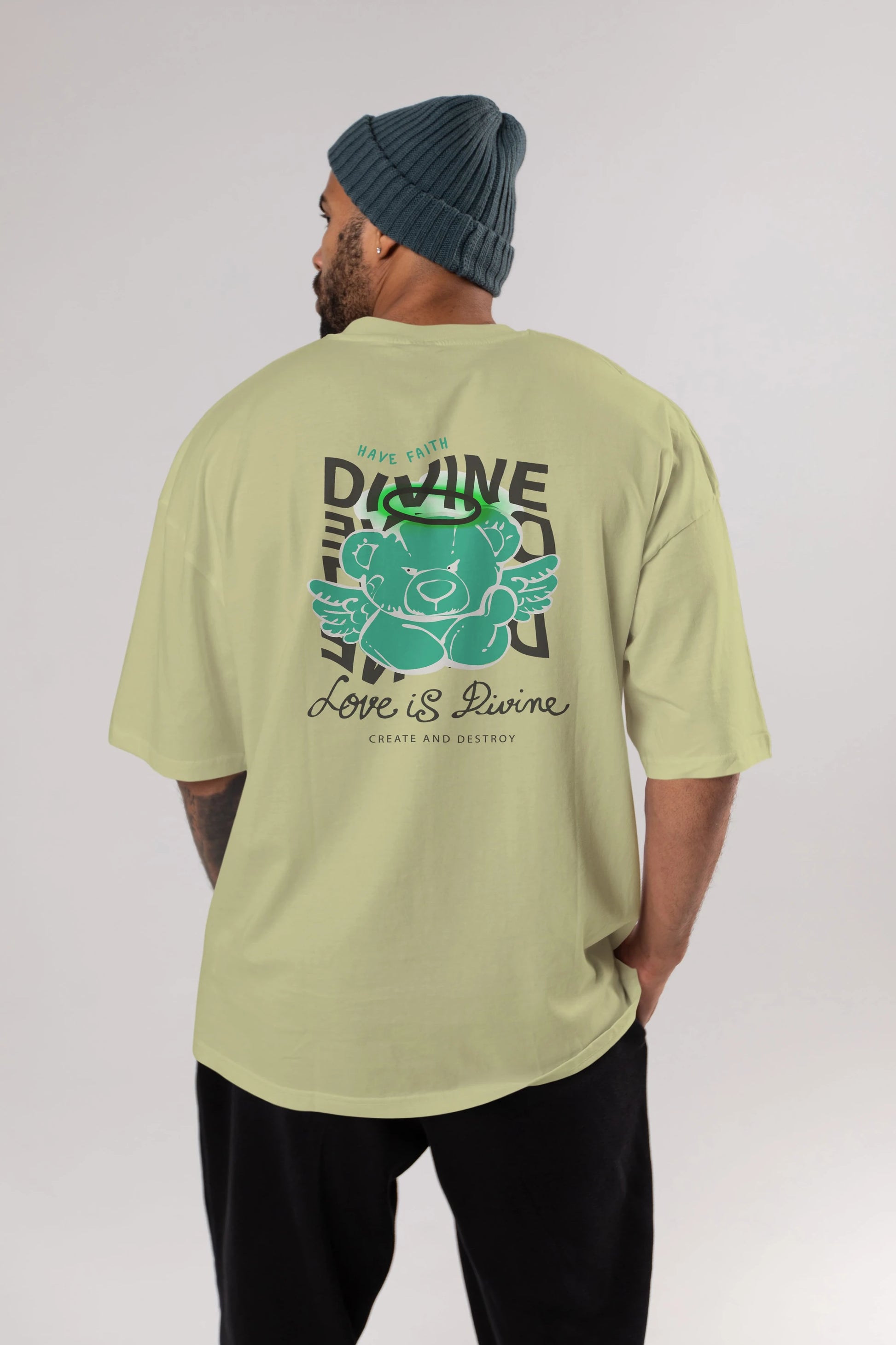 Love is Divine Bear Arka Baskılı Oversize t-shirt Erkek Kadın Unisex