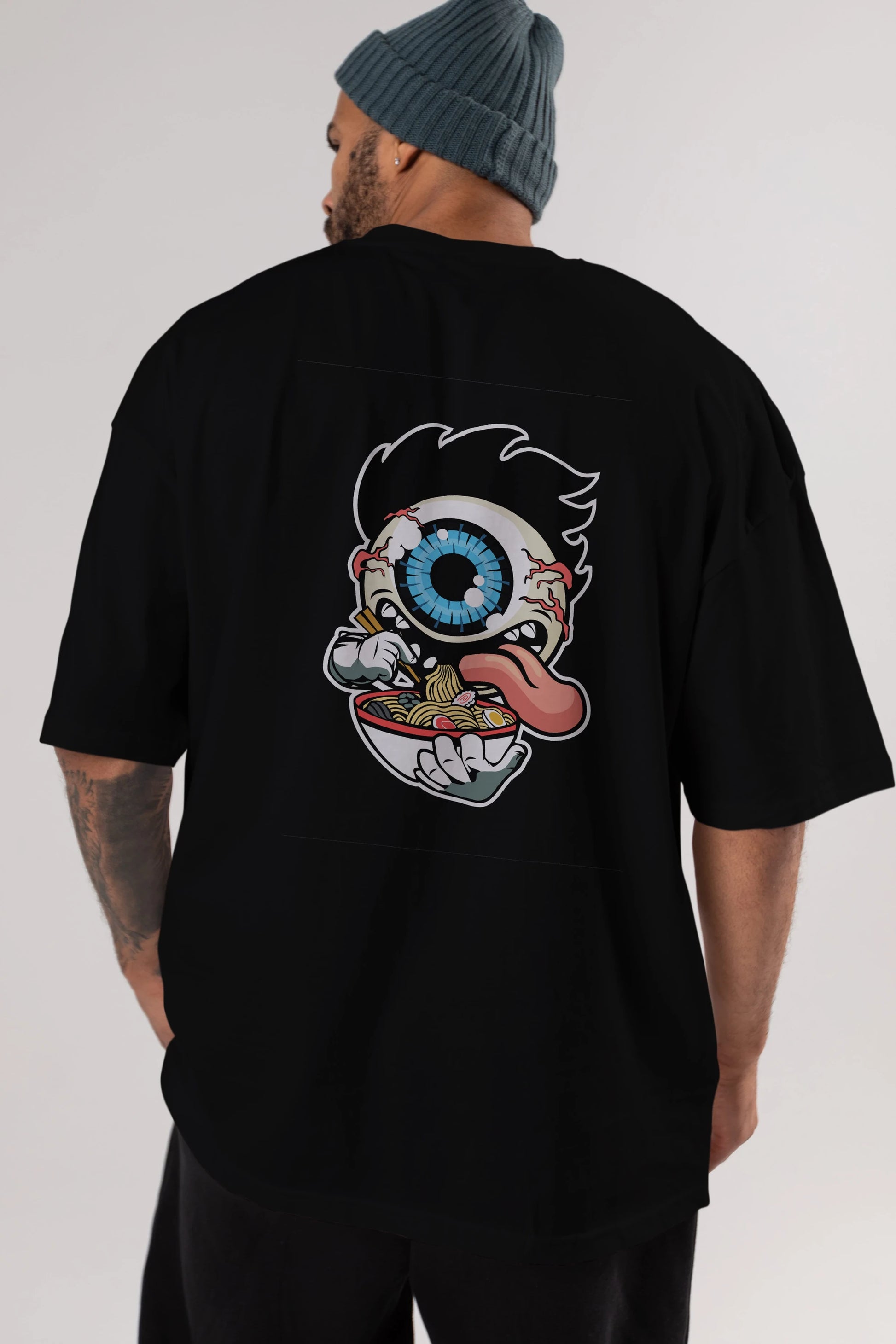 Eyeball Ramen Arka Baskılı Oversize t-shirt Erkek Kadın Unisex %100 Pamuk tişort