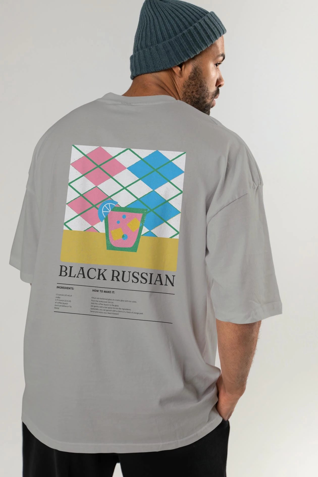 Black Russian Kokteyl Serisi Arka Baskılı Oversize t-shirt Erkek Kadın %100 Pamuk Bisiklet Yaka tişort
