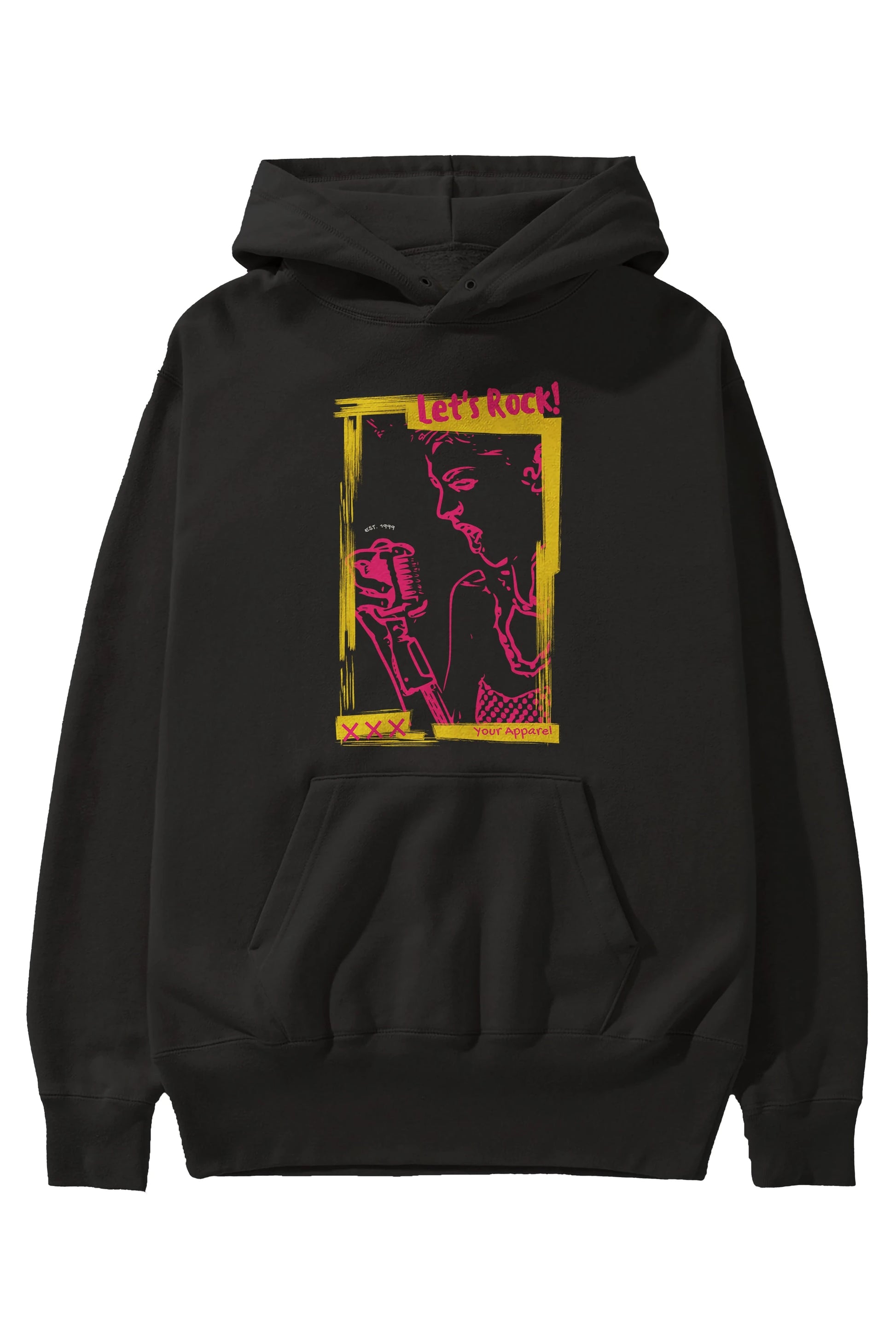 Let's Rock Yazılı Ön Baskılı Oversize Hoodie Kapüşonlu Sweatshirt Erkek Kadın Unisex