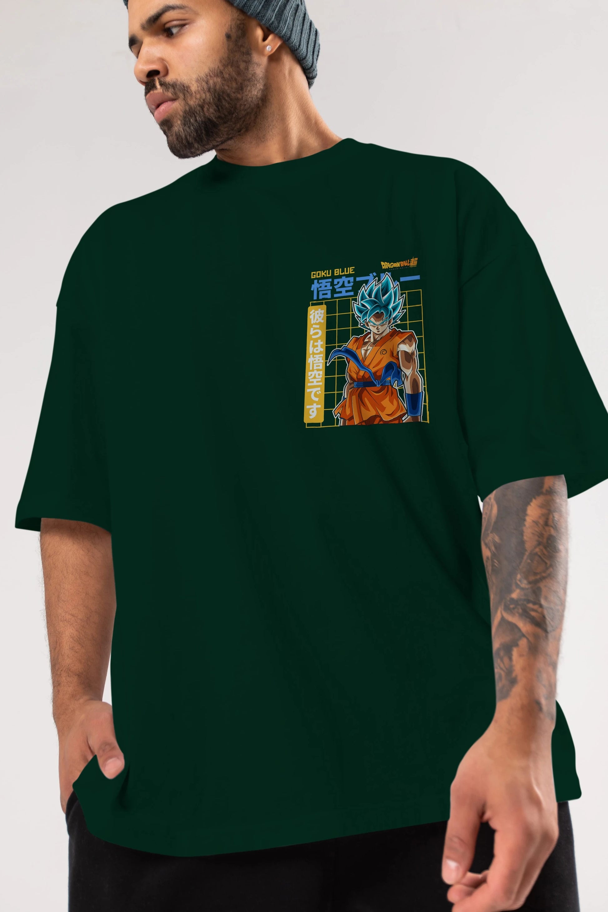 GOKU 1 Ön Sol Baskılı Oversize t-shirt Erkek Kadın Unisex %100 Pamuk Bisiklet Yaka tişort