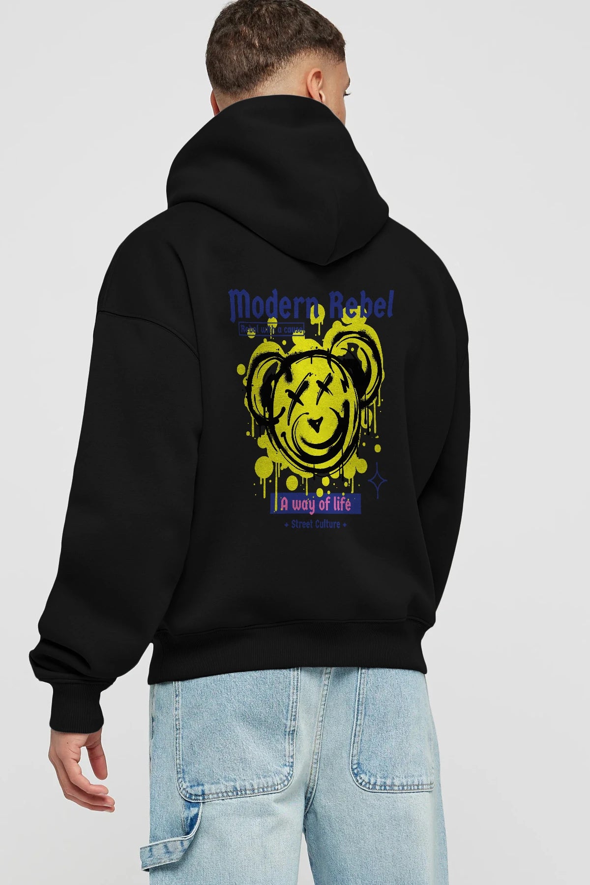 Modern Rebel Bear Arka Baskılı Hoodie Oversize Kapüşonlu Sweatshirt Erkek Kadın Unisex