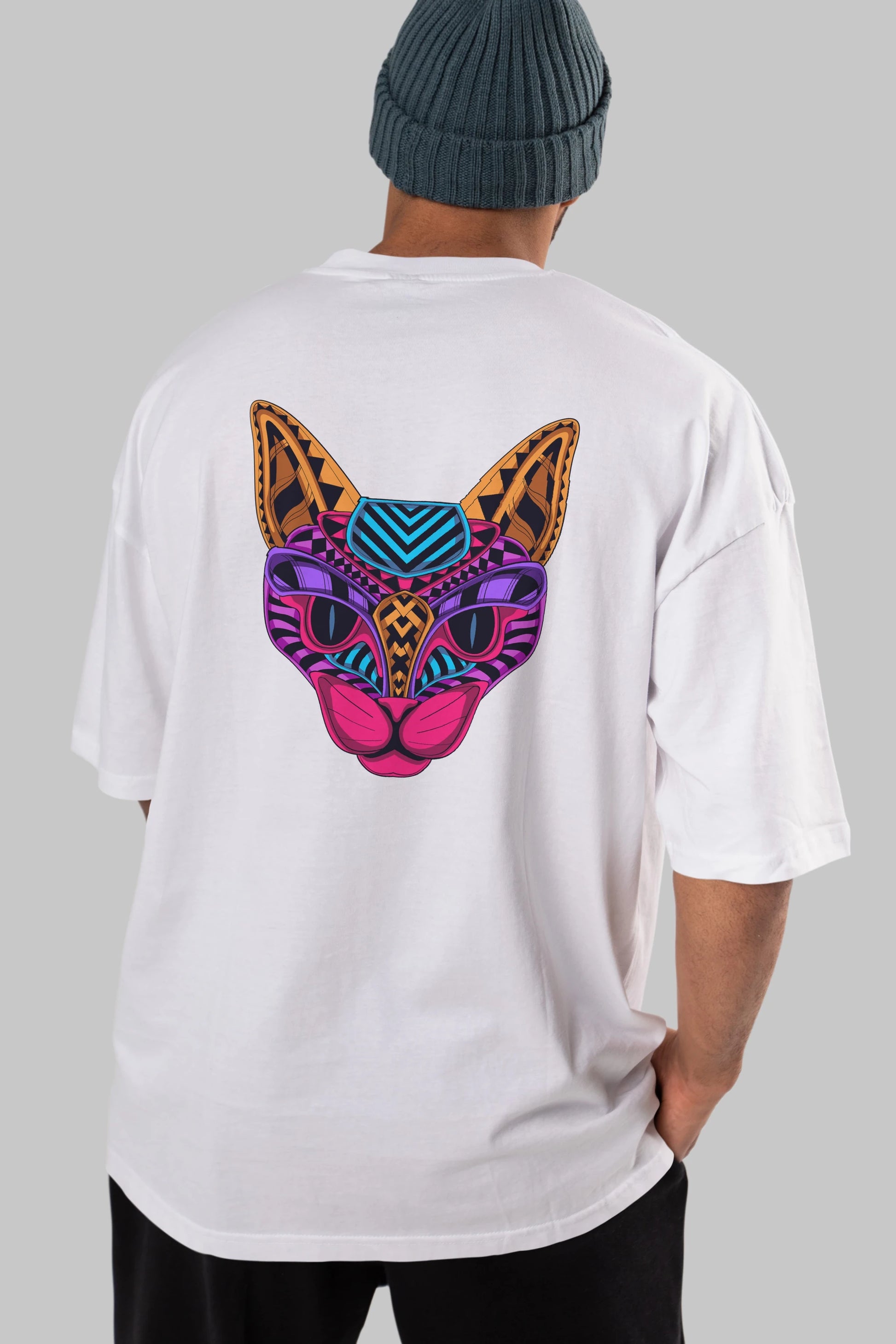 Black Neon Cat Arka Baskılı Oversize t-shirt Erkek Kadın Unisex