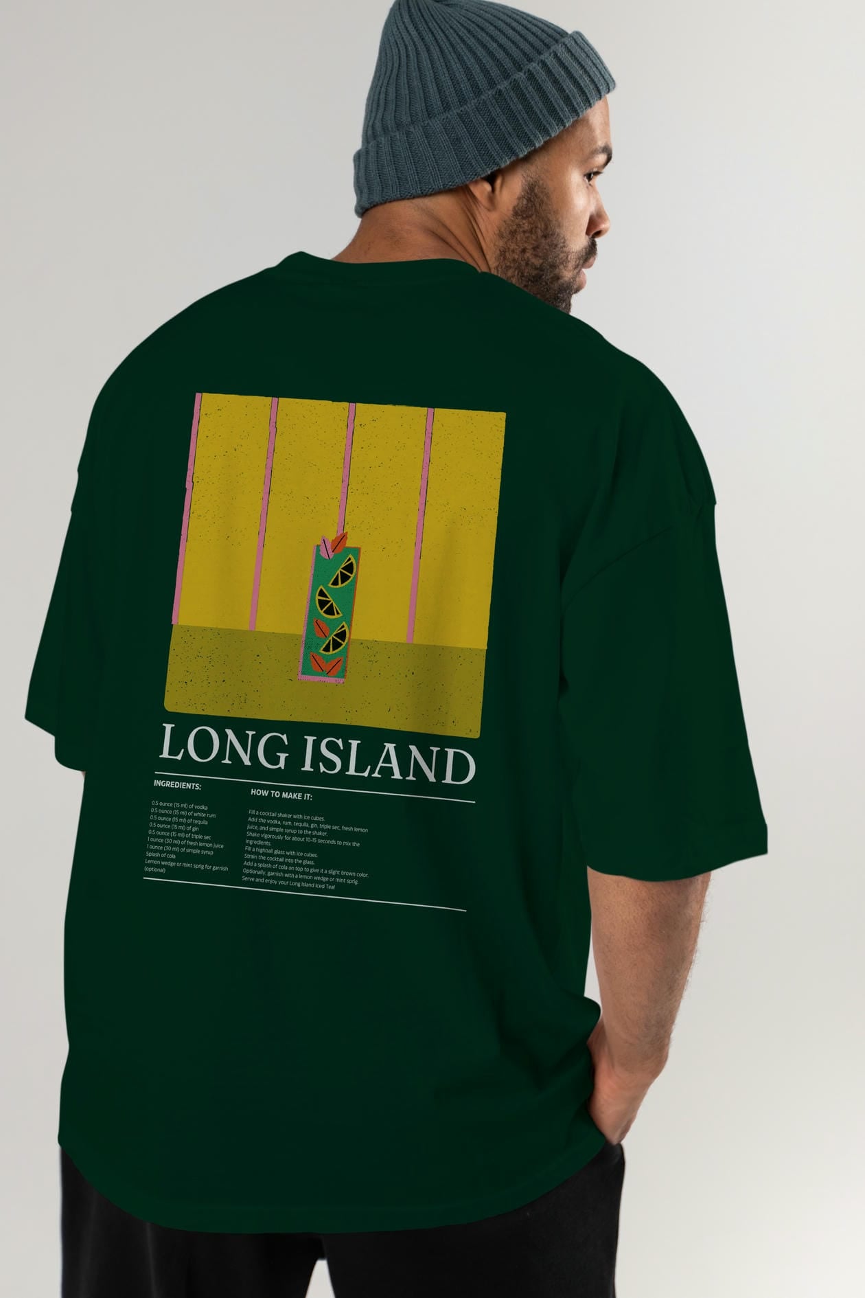 Long Island Kokteyl Serisi Arka Baskılı Oversize t-shirt Erkek Kadın %100 Pamuk Bisiklet Yaka tişort